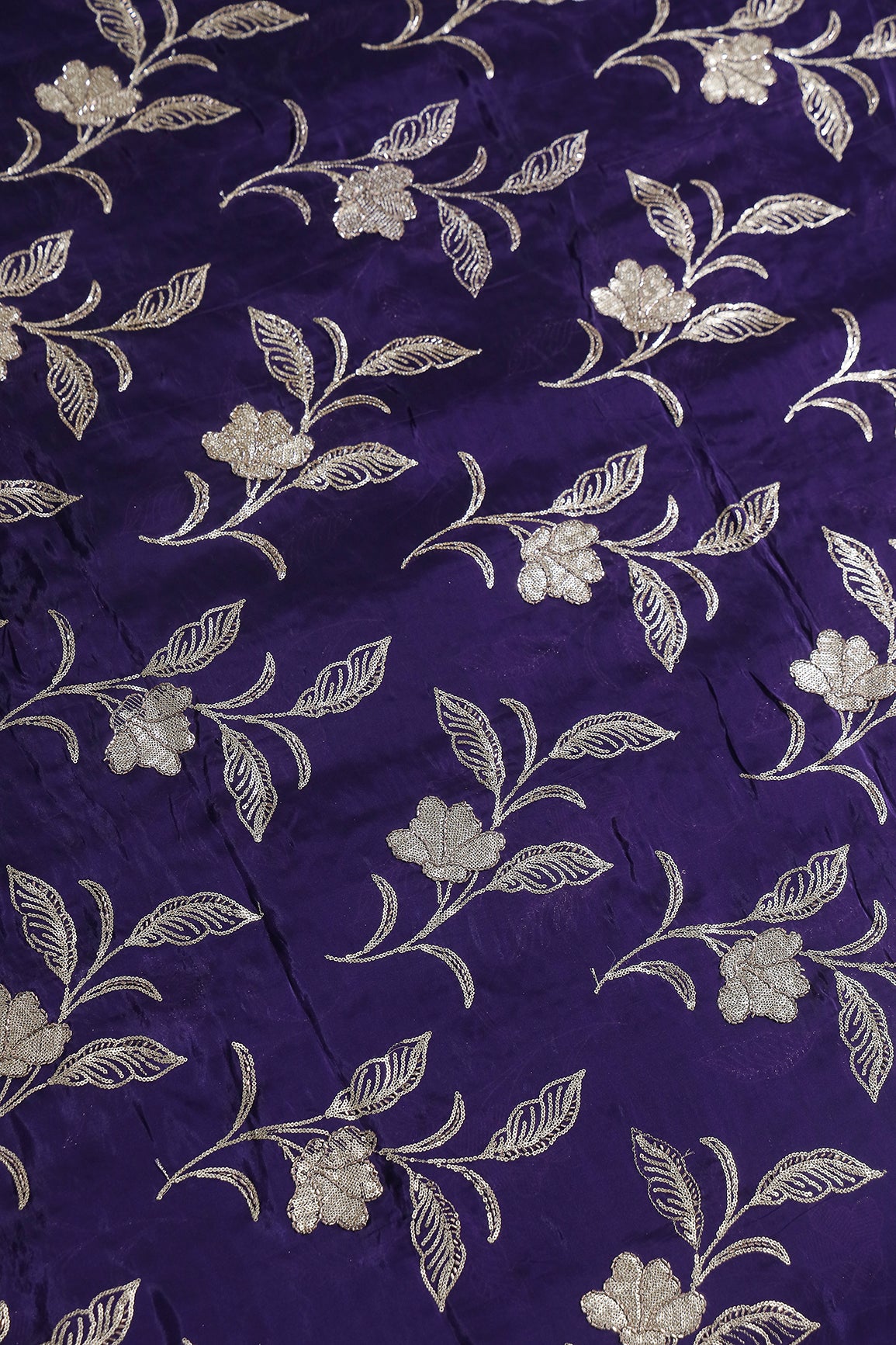 Gold Sequins With Beads Floral Leafy Embroidery Work On Purple Glass Tissue Organza Fabric