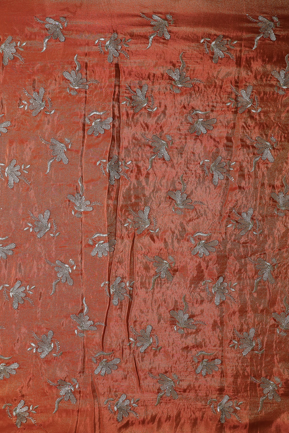 Multi Sequins & Beads With Zari Floral Embroidery Work On Rust Pure Viscose Zari Tissue Fabric