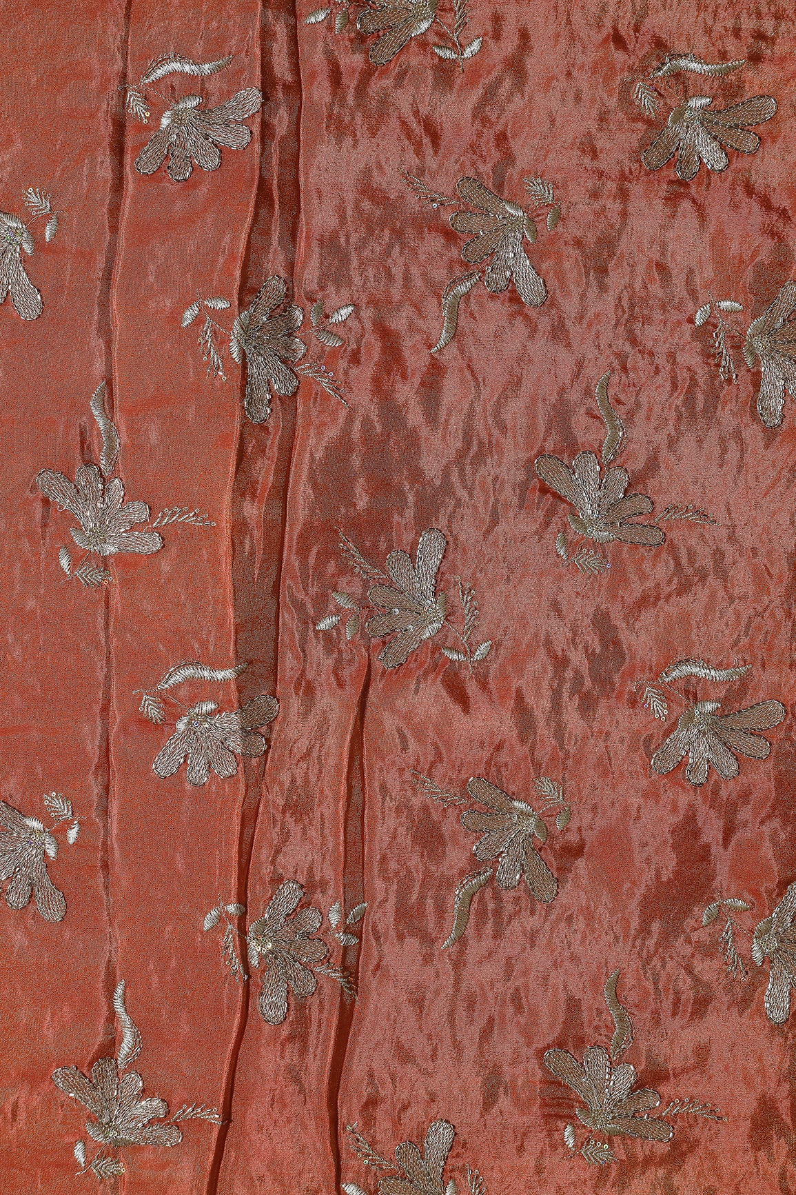 Multi Sequins & Beads With Zari Floral Embroidery Work On Rust Pure Viscose Zari Tissue Fabric