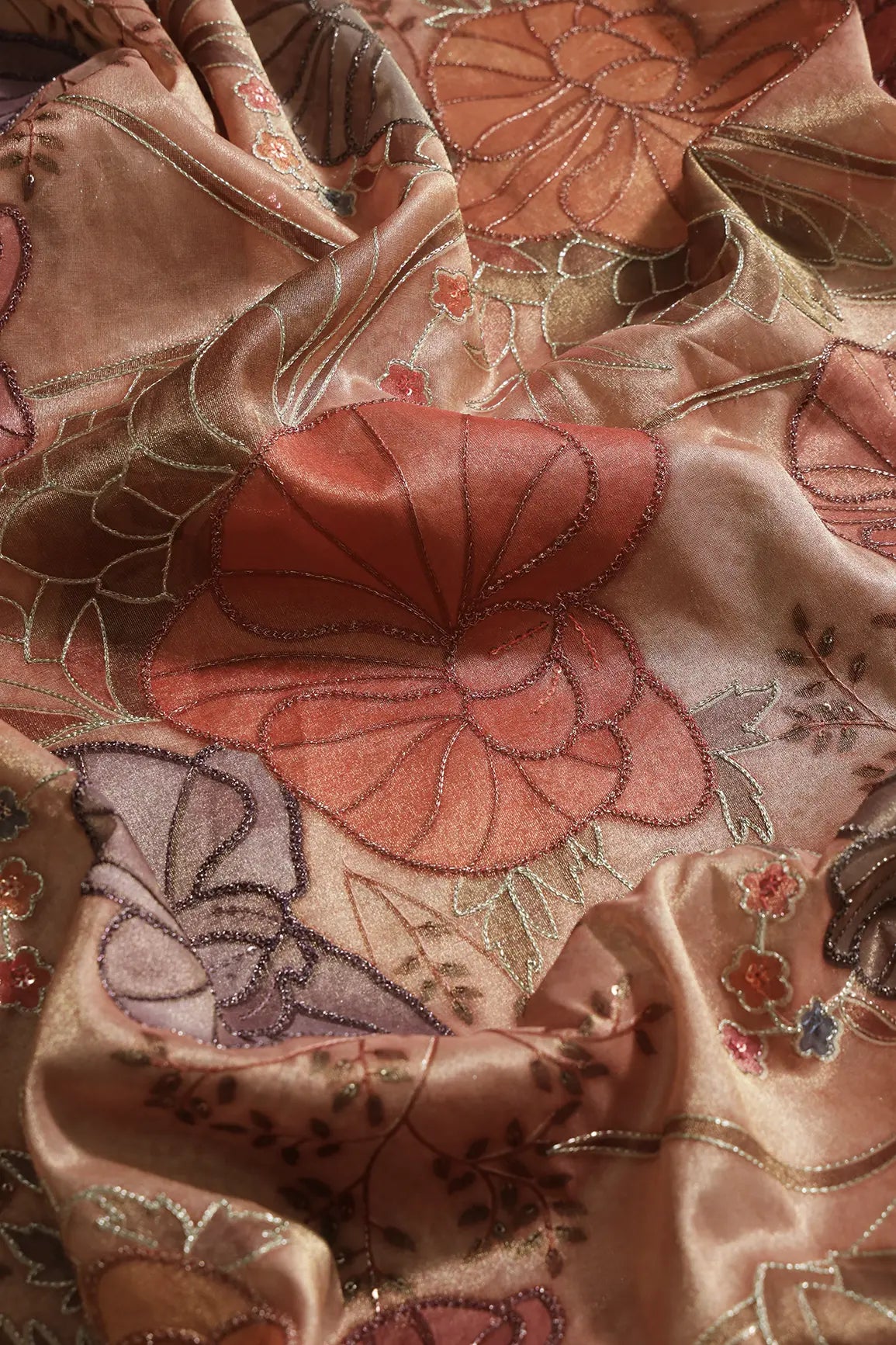 Floral Positional Print On Sequins With Zari Embroidery On Peach Zari Tissue Fabric