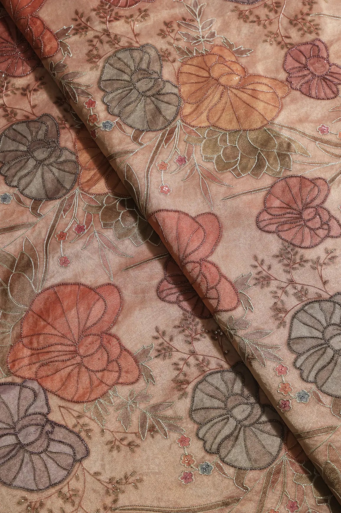 Floral Positional Print On Sequins With Zari Embroidery On Peach Zari Tissue Fabric