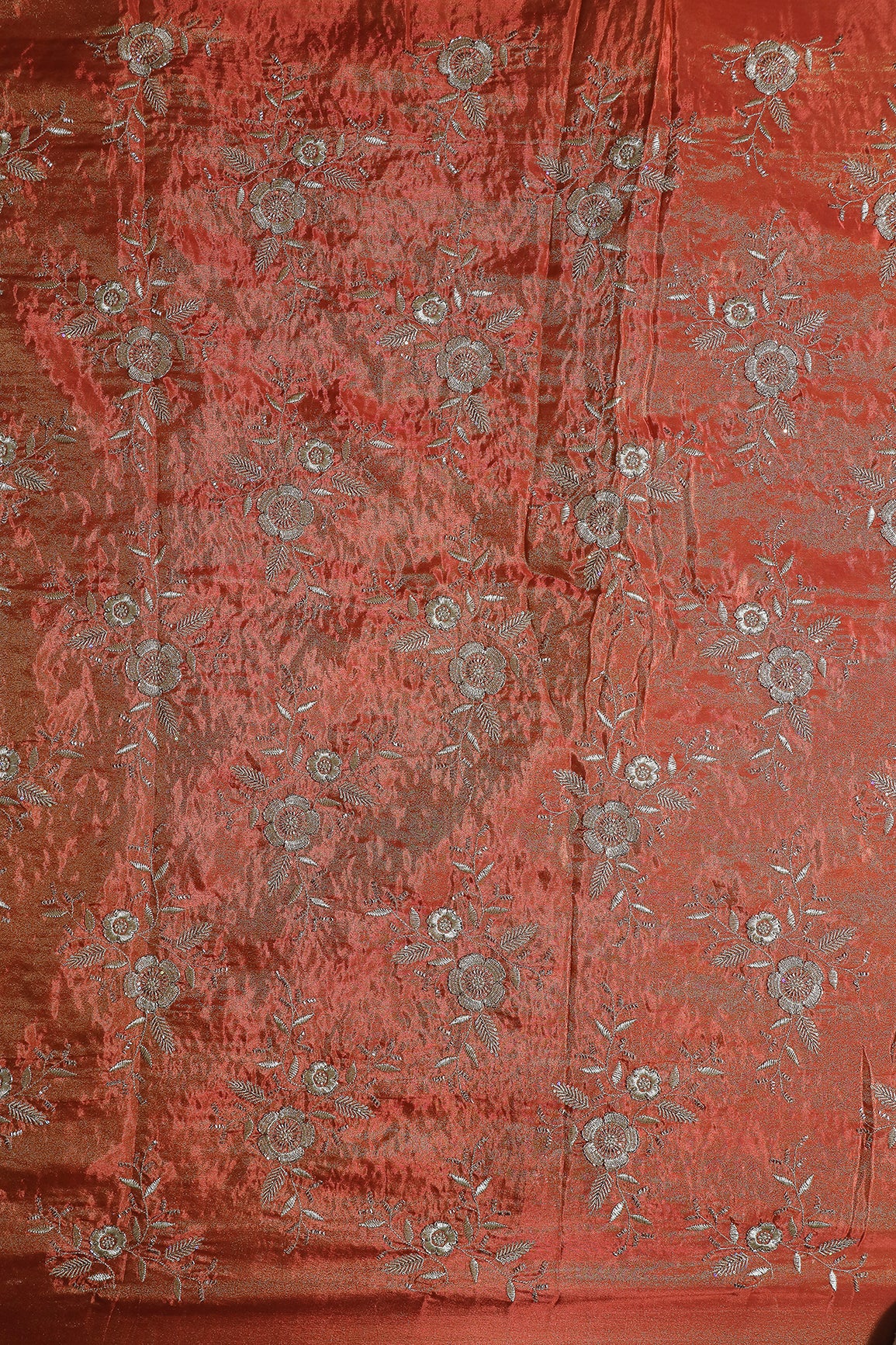 Multi Sequins & Beads With Zari Floral Embroidery Work On Rust Pure Viscose Zari Tissue Fabric