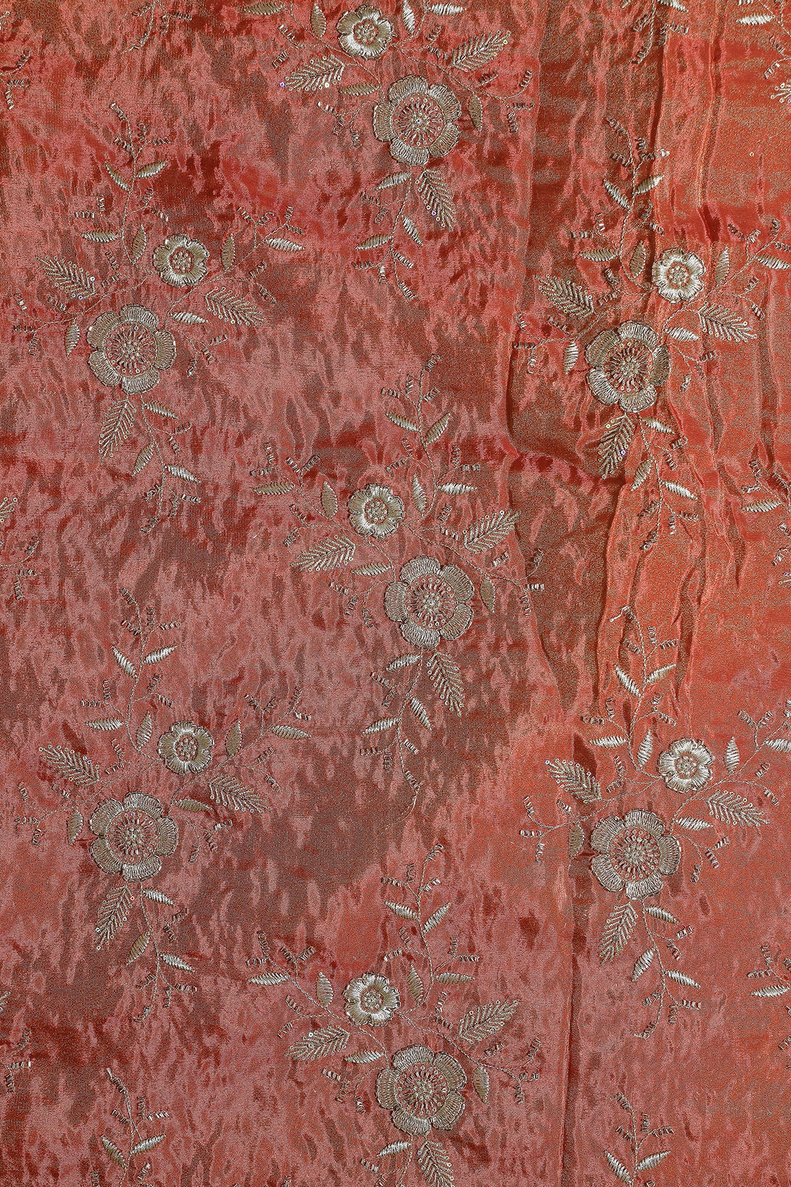 Multi Sequins & Beads With Zari Floral Embroidery Work On Rust Pure Viscose Zari Tissue Fabric
