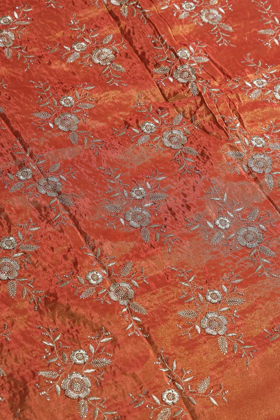 Multi Sequins & Beads With Zari Floral Embroidery Work On Rust Pure Viscose Zari Tissue Fabric