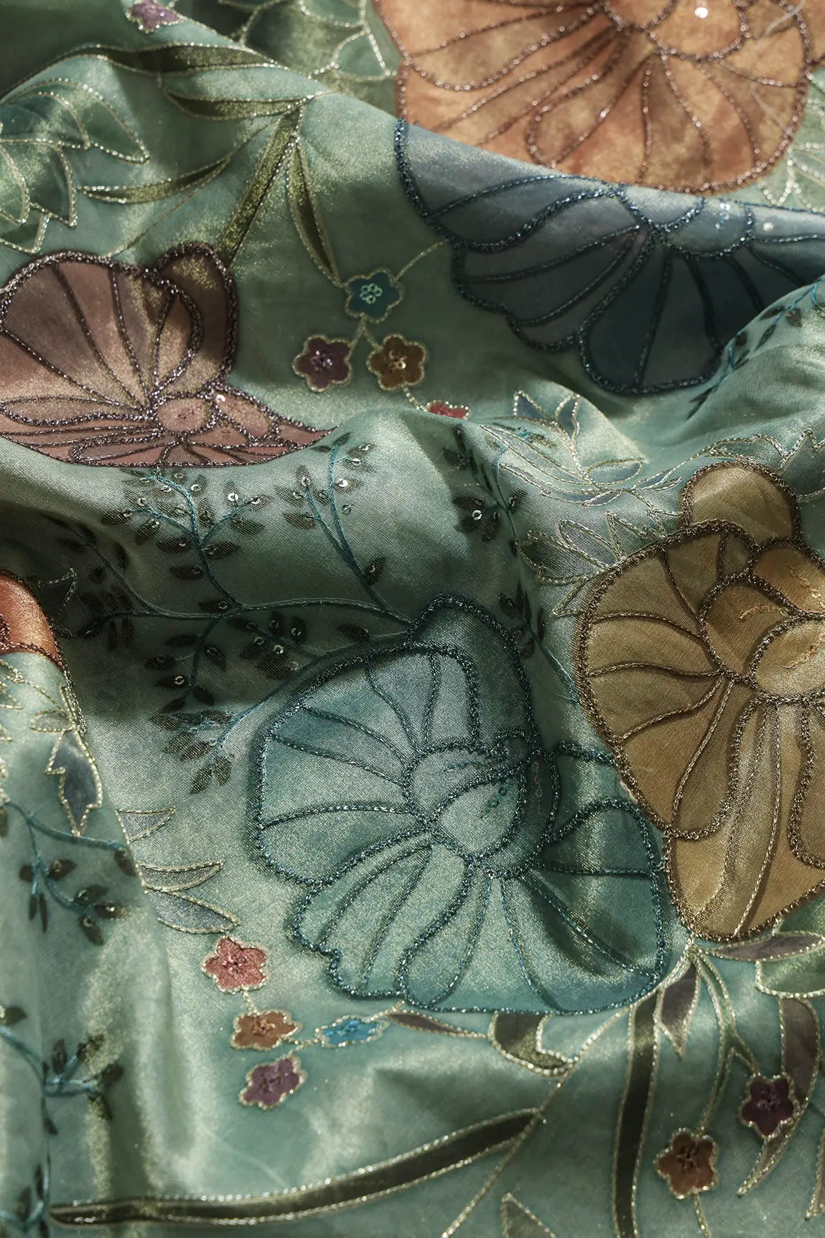 Floral Positional Print On Sequins With Zari Embroidery On Pastel Mint Green Zari Tissue Fabric
