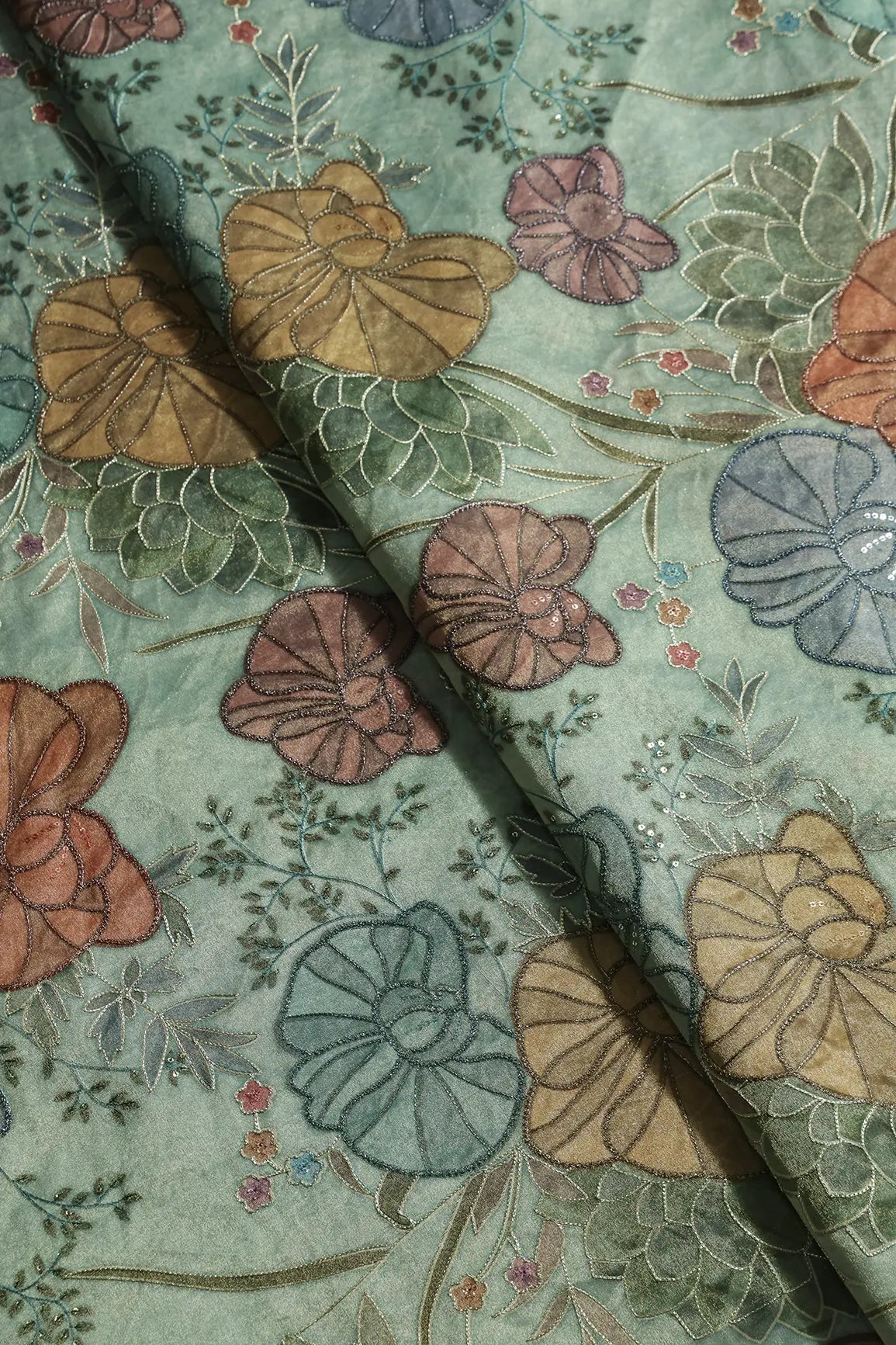 Floral Positional Print On Sequins With Zari Embroidery On Pastel Mint Green Zari Tissue Fabric