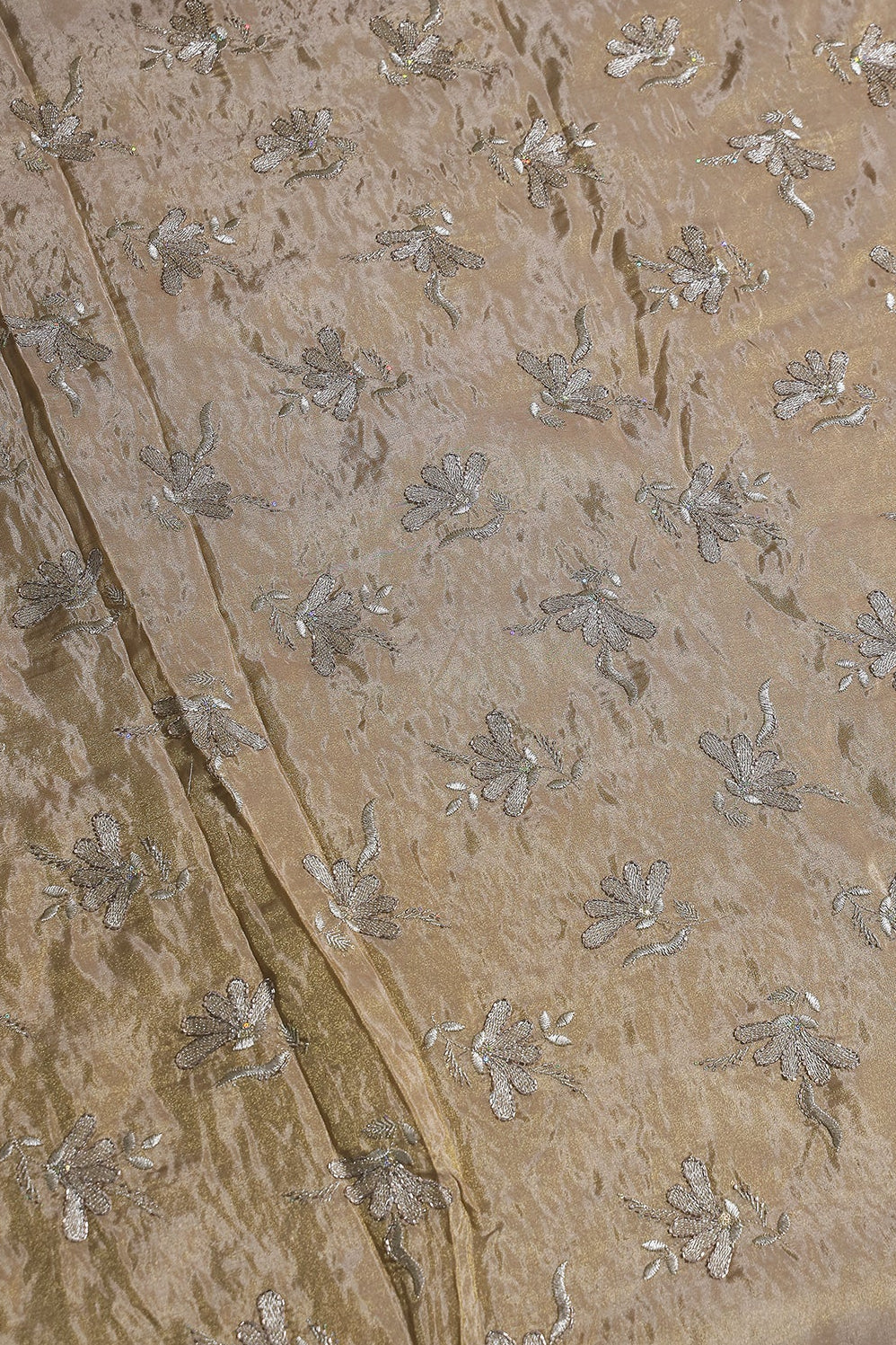 Multi Sequins & Beads With Zari Floral Embroidery Work On Beige Pure Viscose Zari Tissue Fabric