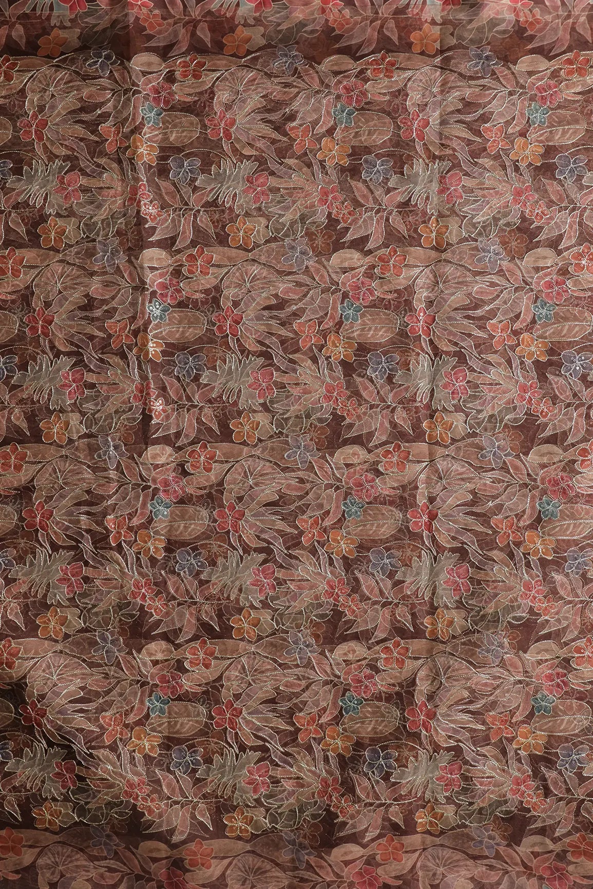 Floral Positional Print On Sequins With Zari Embroidery On Brown Organza Fabric