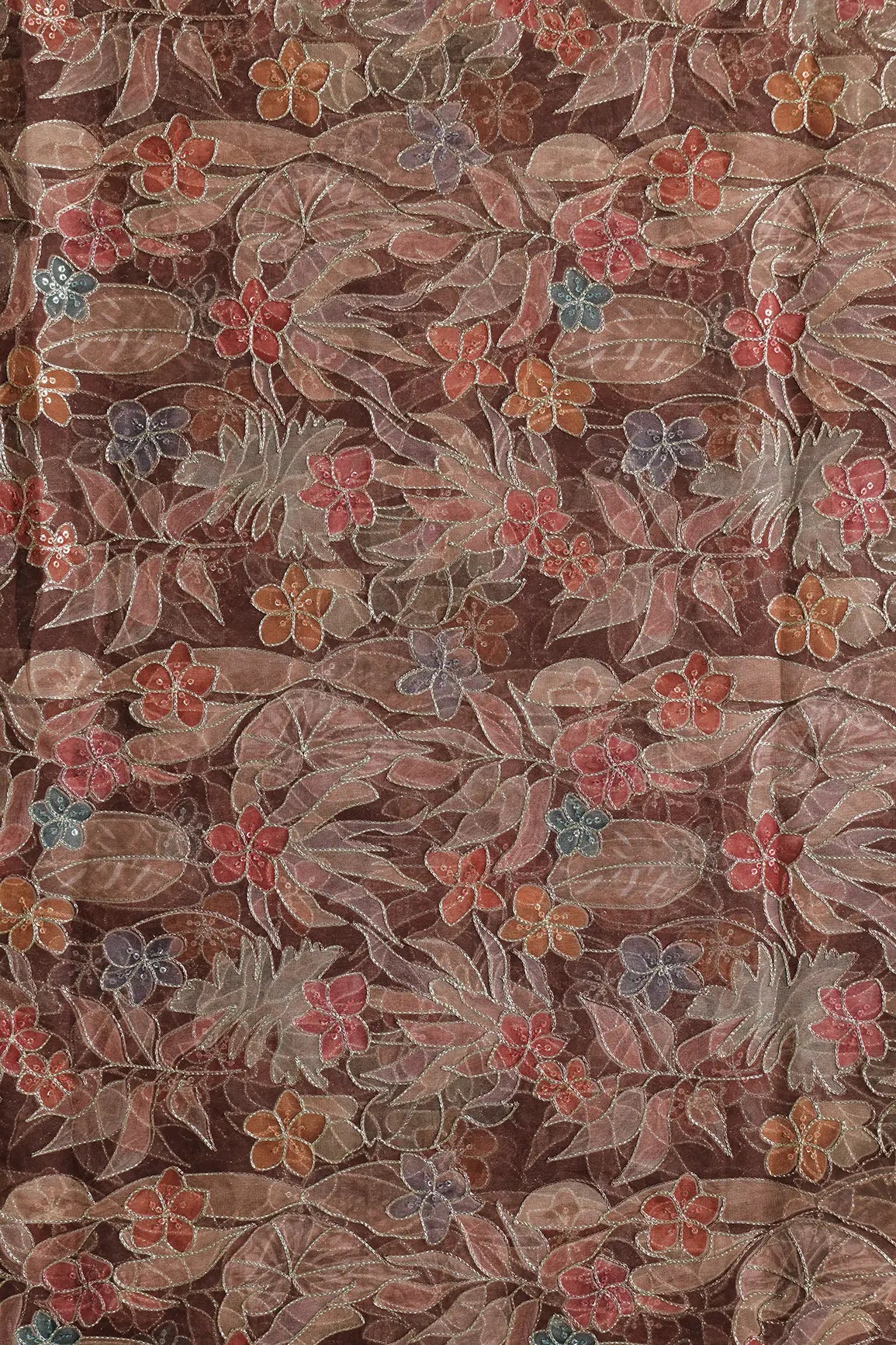 Floral Positional Print On Sequins With Zari Embroidery On Brown Organza Fabric