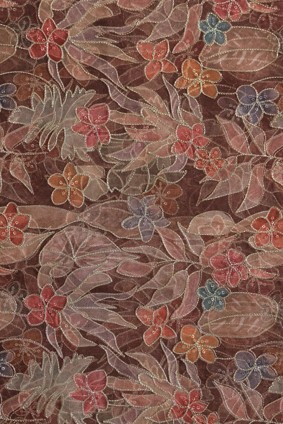 Floral Positional Print On Sequins With Zari Embroidery On Brown Organza Fabric