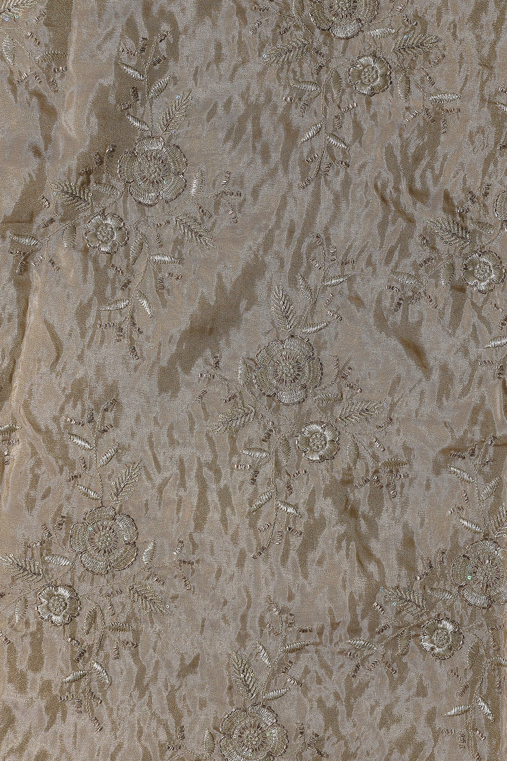 Multi Sequins & Beads With Zari Floral Embroidery Work On Beige Pure Viscose Zari Tissue Fabric