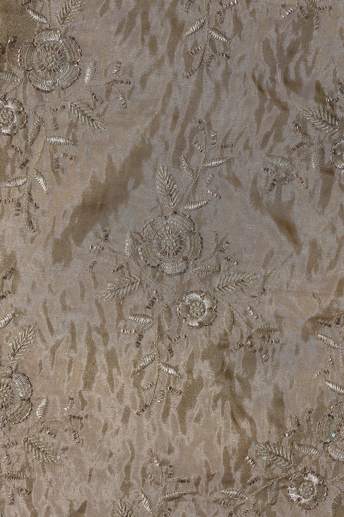 Multi Sequins & Beads With Zari Floral Embroidery Work On Beige Pure Viscose Zari Tissue Fabric