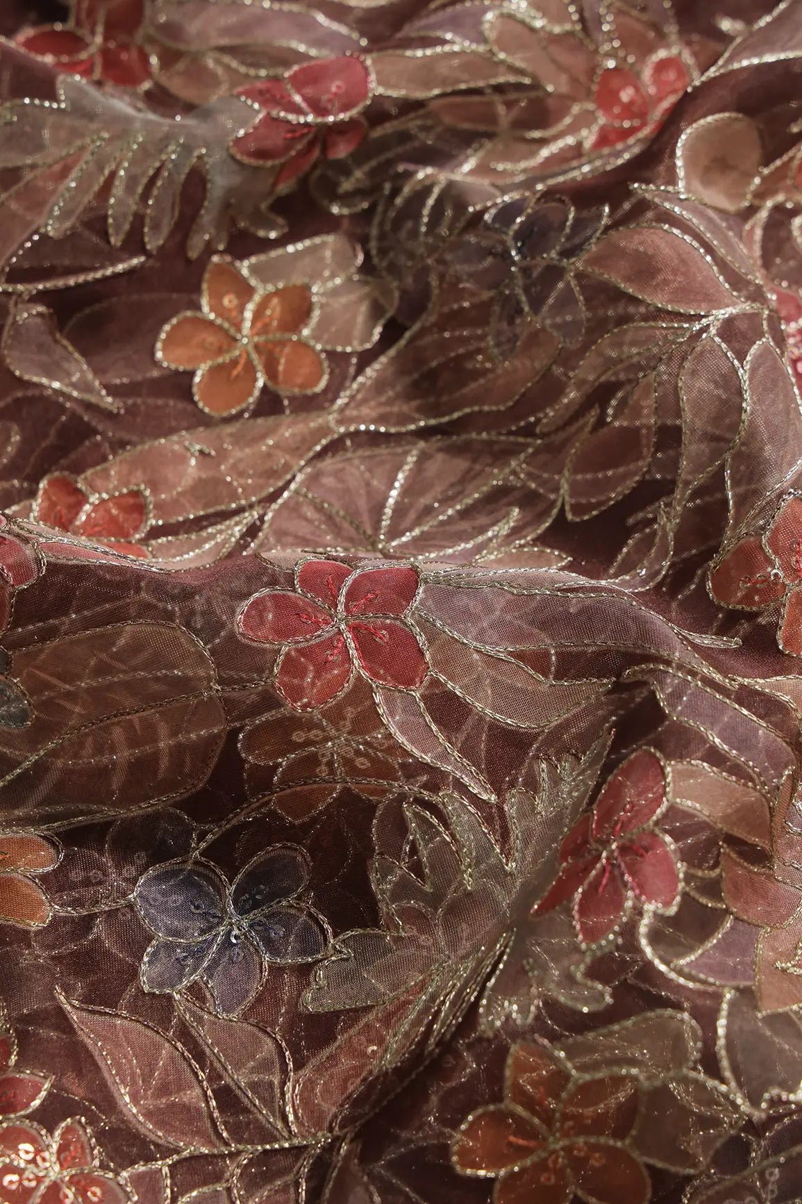 Floral Positional Print On Sequins With Zari Embroidery On Brown Organza Fabric