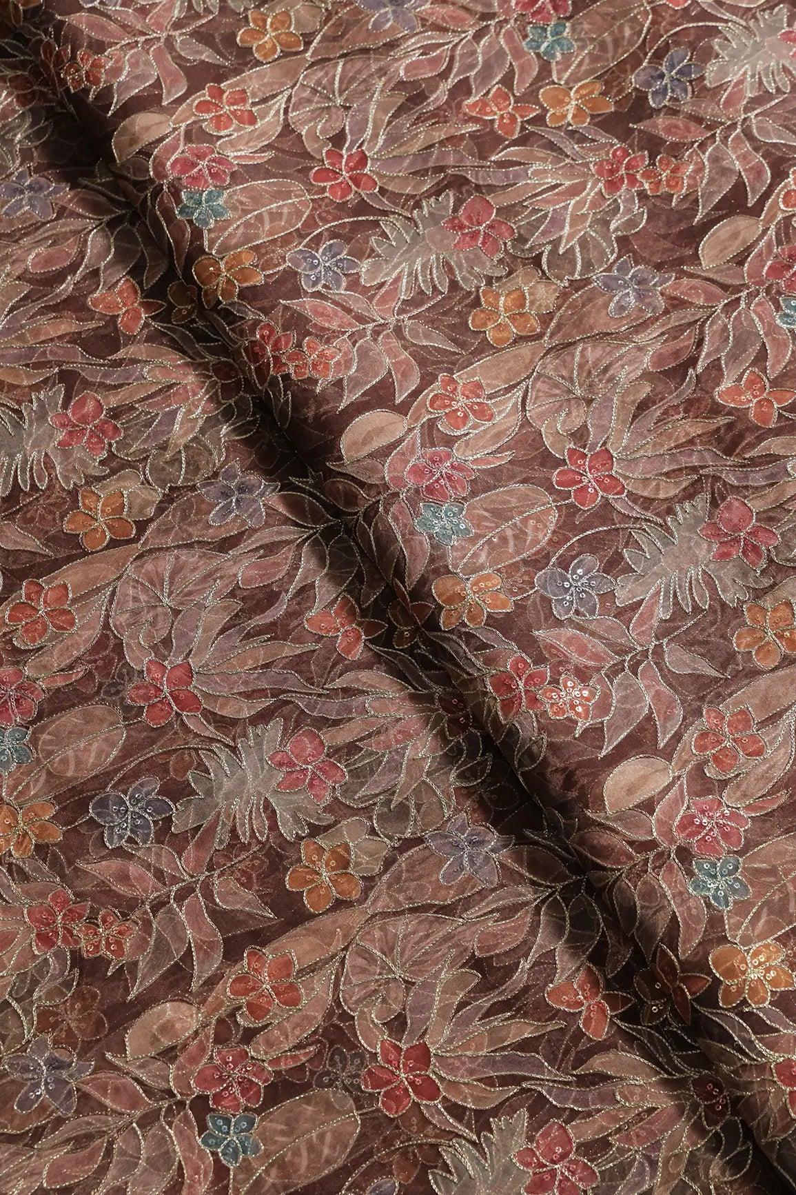 Floral Positional Print On Sequins With Zari Embroidery On Brown Organza Fabric