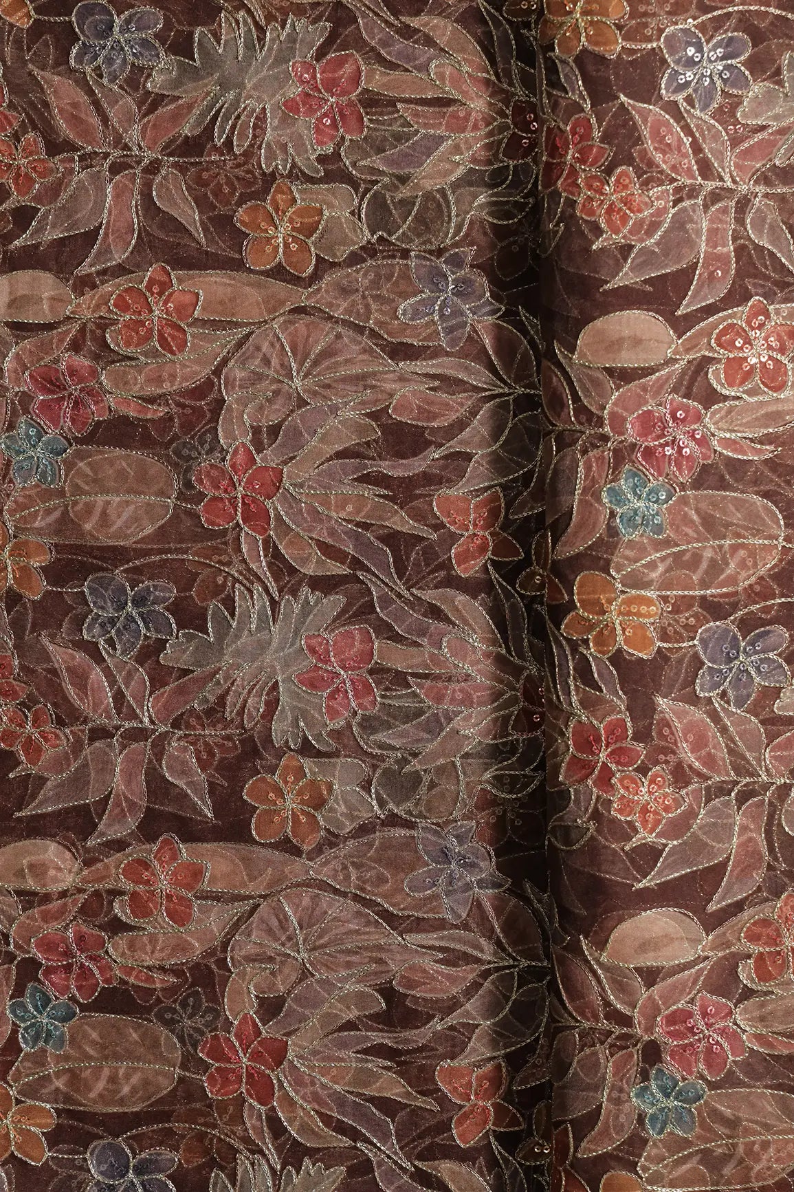 Floral Positional Print On Sequins With Zari Embroidery On Brown Organza Fabric