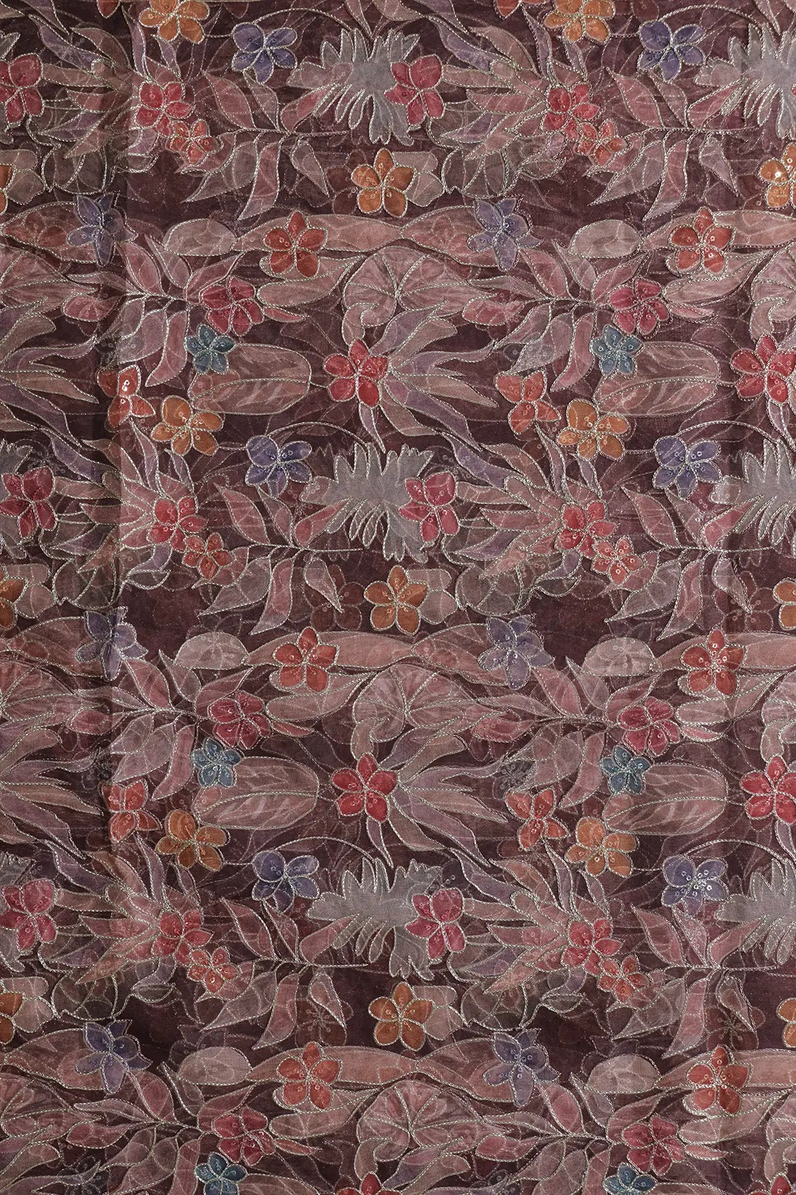 Floral Positional Print On Sequins With Zari Embroidery On Wine Organza Fabric