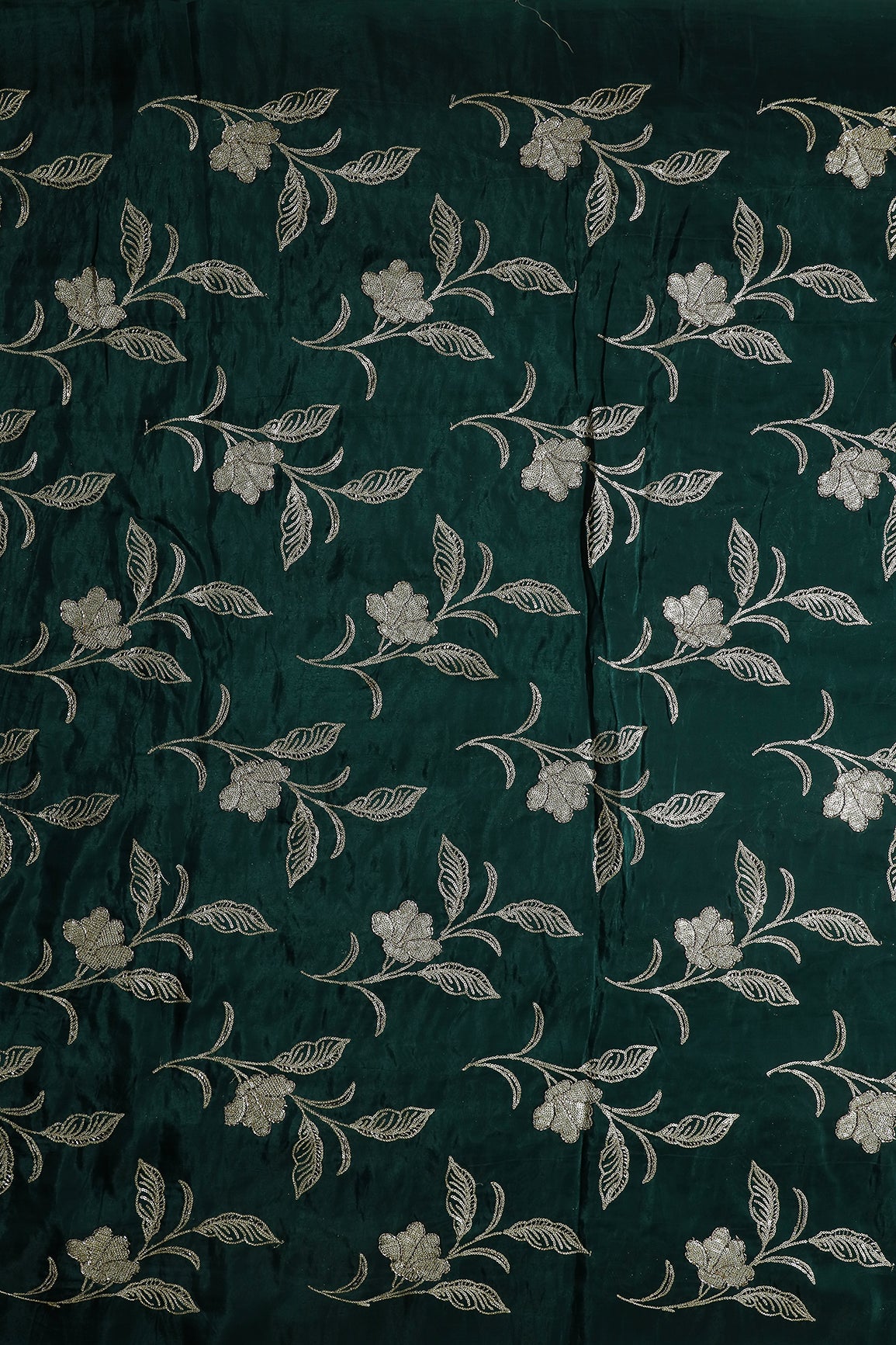 Gold Sequins With Beads Floral Leafy Embroidery Work On Bottle Green Glass Tissue Organza Fabric