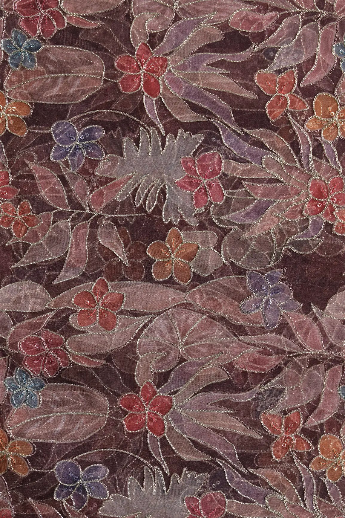 Floral Positional Print On Sequins With Zari Embroidery On Wine Organza Fabric
