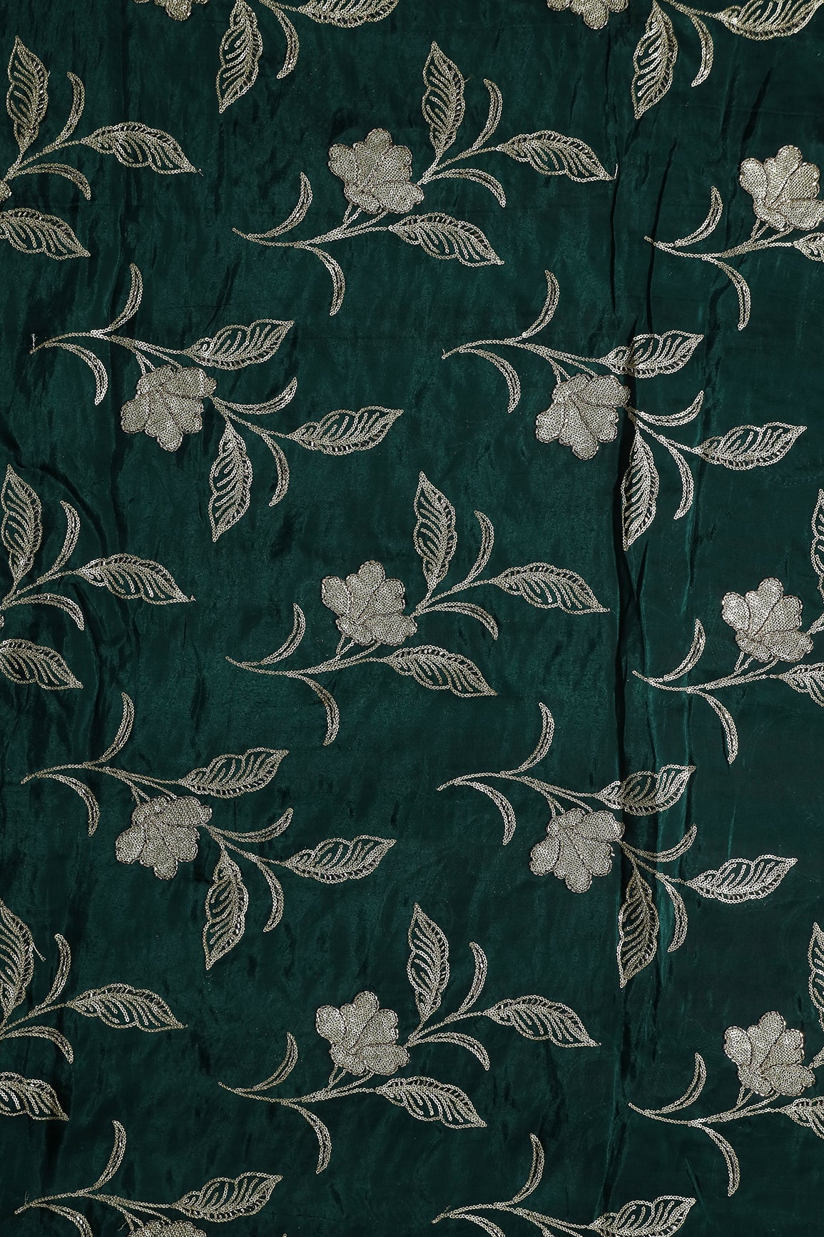 Gold Sequins With Beads Floral Leafy Embroidery Work On Bottle Green Glass Tissue Organza Fabric