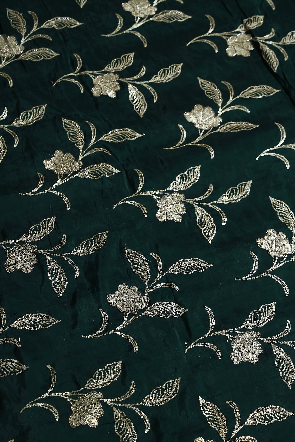 Gold Sequins With Beads Floral Leafy Embroidery Work On Bottle Green Glass Tissue Organza Fabric