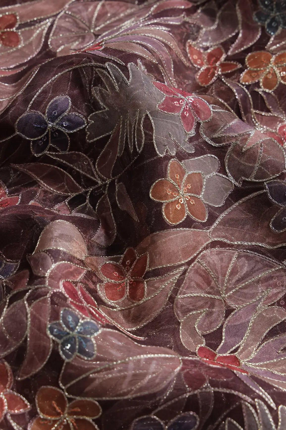 Floral Positional Print On Sequins With Zari Embroidery On Wine Organza Fabric