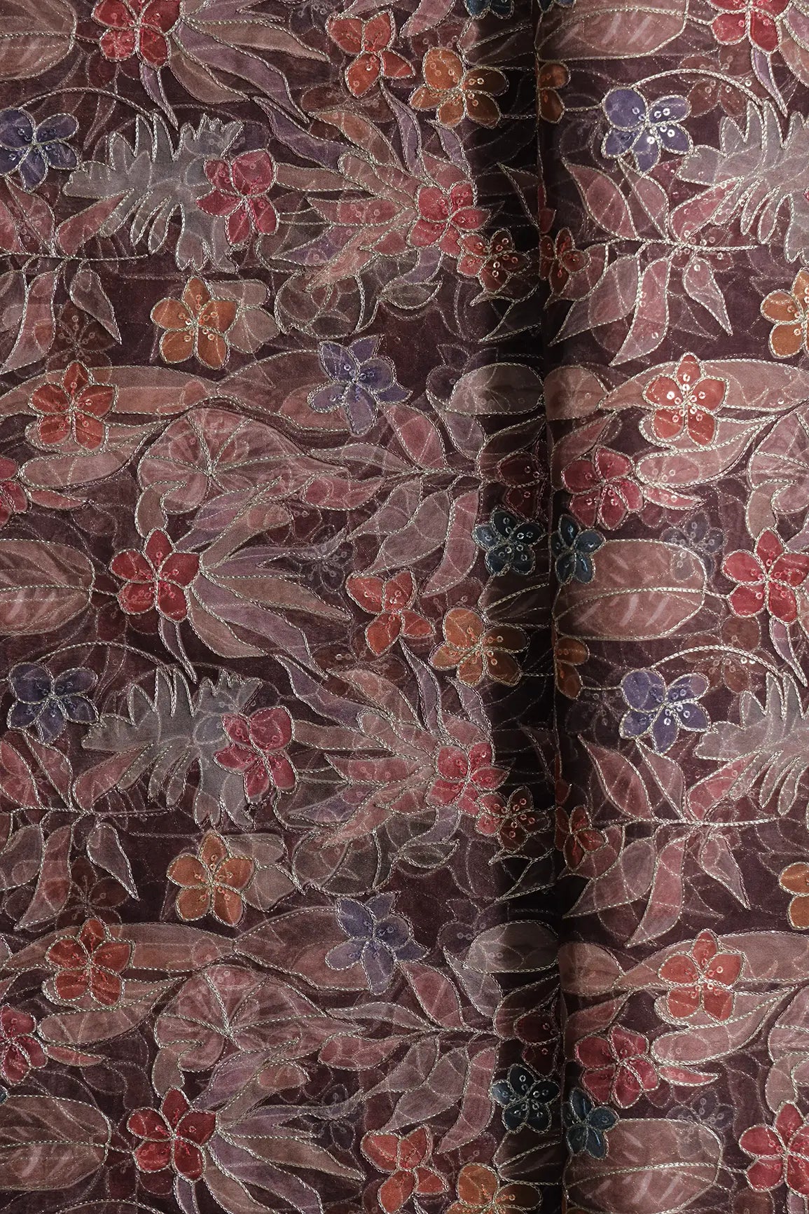 Floral Positional Print On Sequins With Zari Embroidery On Wine Organza Fabric