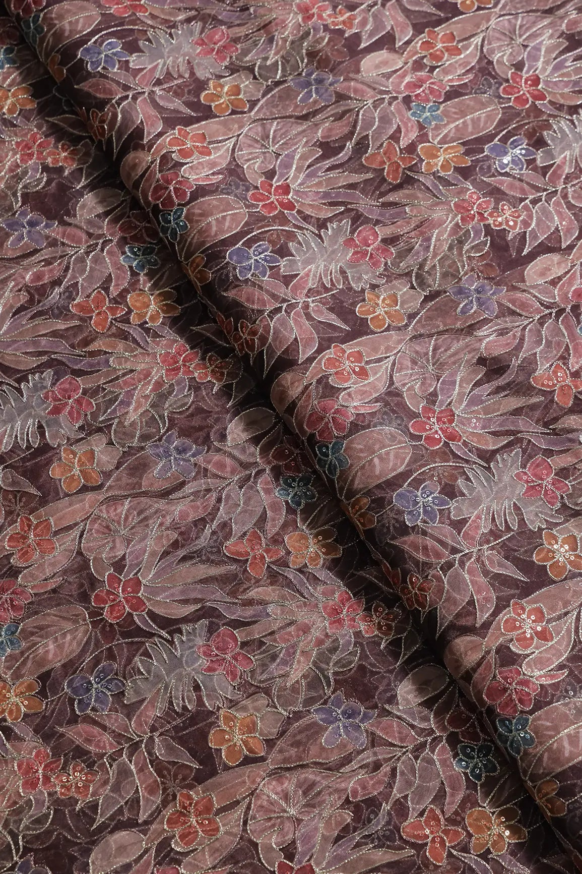 Floral Positional Print On Sequins With Zari Embroidery On Wine Organza Fabric