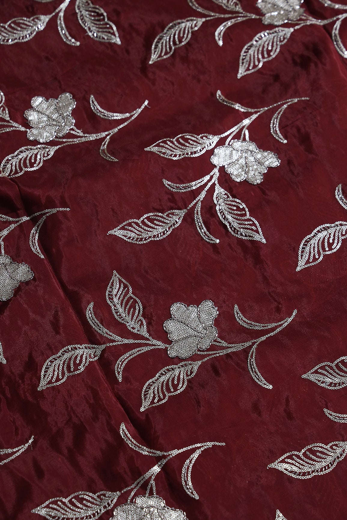 Gold Sequins With Beads Floral Leafy Embroidery Work On Maroon Glass Tissue Organza Fabric