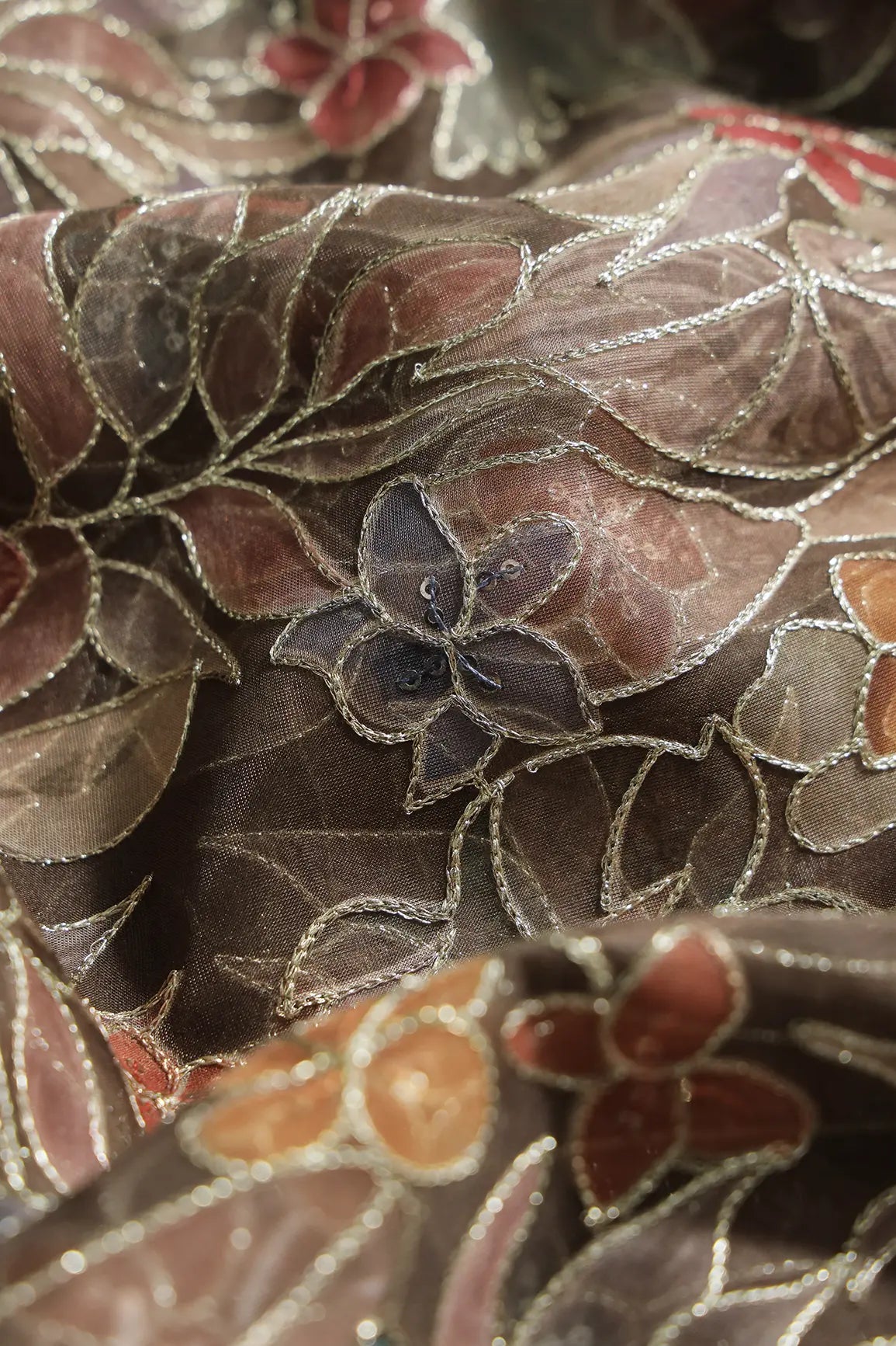 Floral Positional Print On Sequins With Zari Embroidery On Mehndi Green Organza Fabric