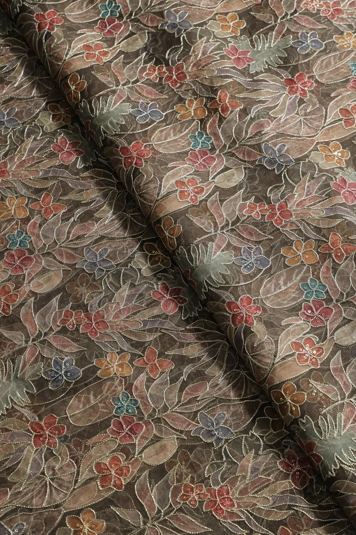 Floral Positional Print On Sequins With Zari Embroidery On Mehndi Green Organza Fabric