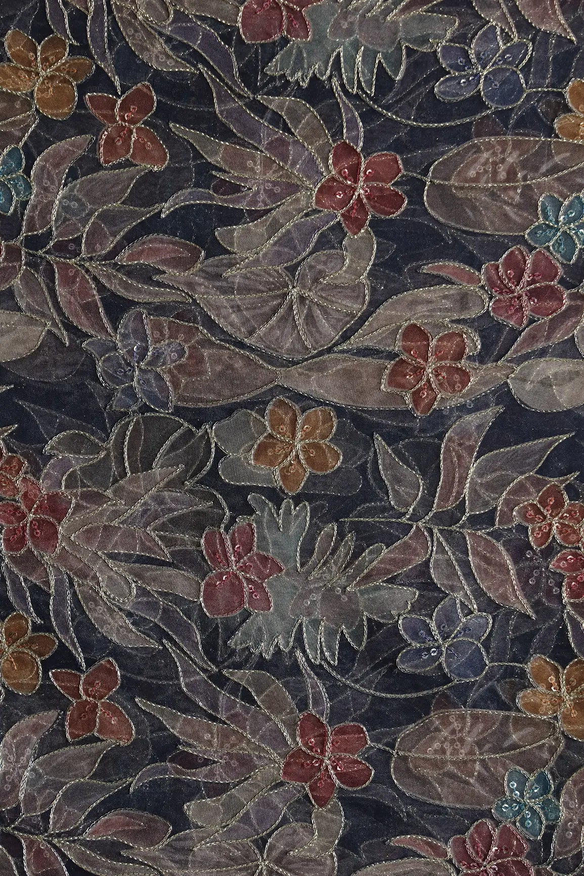 Floral Positional Print On Sequins With Zari Embroidery On Navy Blue Organza Fabric