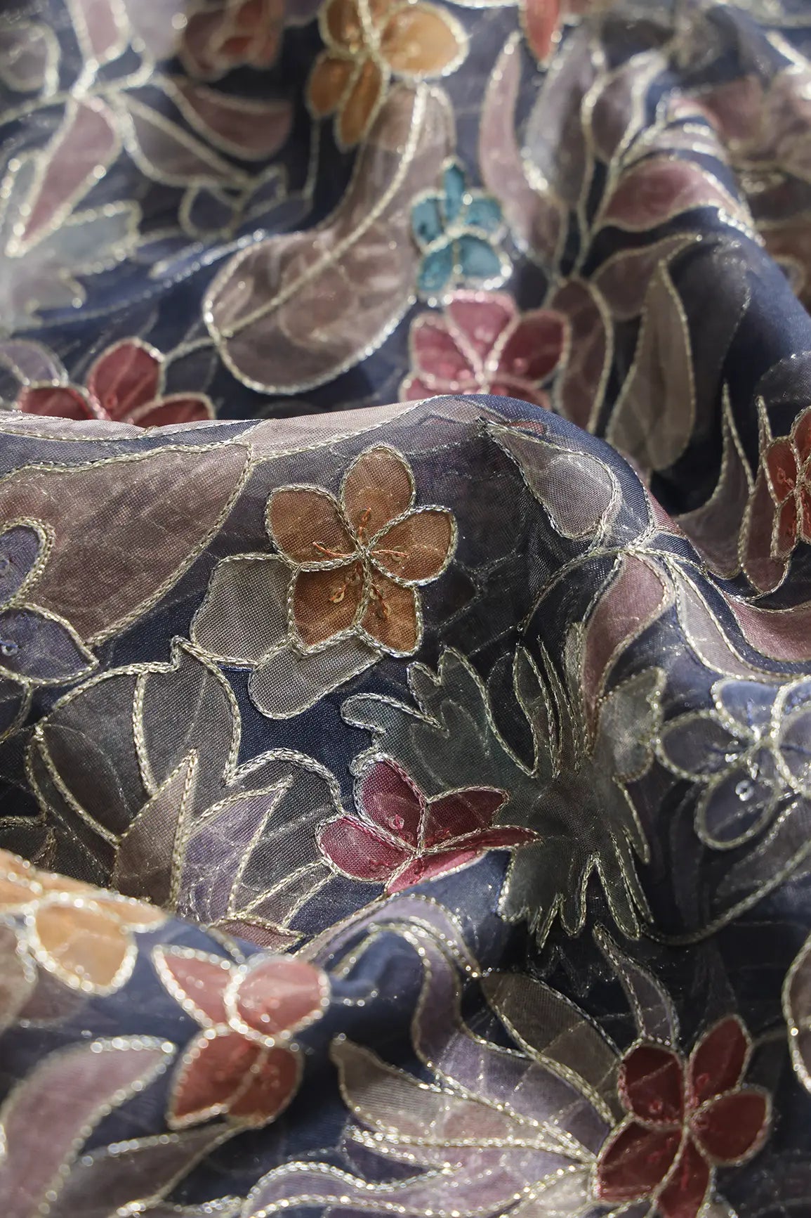 Floral Positional Print On Sequins With Zari Embroidery On Navy Blue Organza Fabric