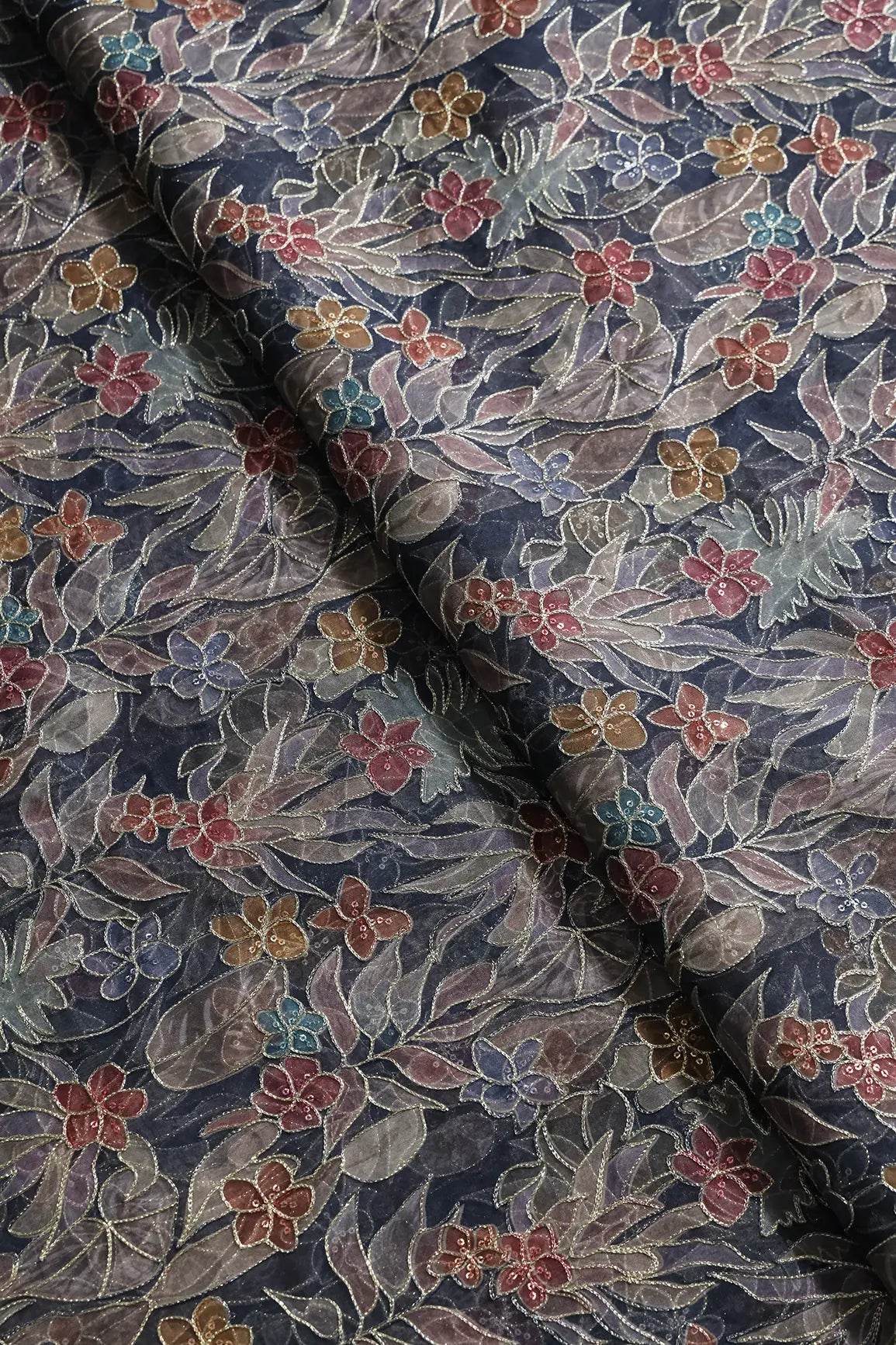 Floral Positional Print On Sequins With Zari Embroidery On Navy Blue Organza Fabric