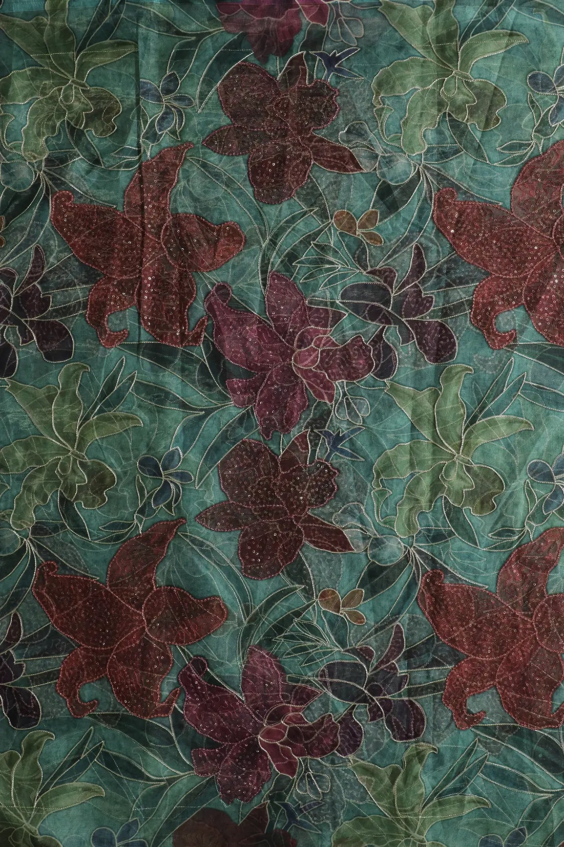 Floral Positional Print On Sequins With Zari Embroidery On Turquoise Blue Organza Fabric