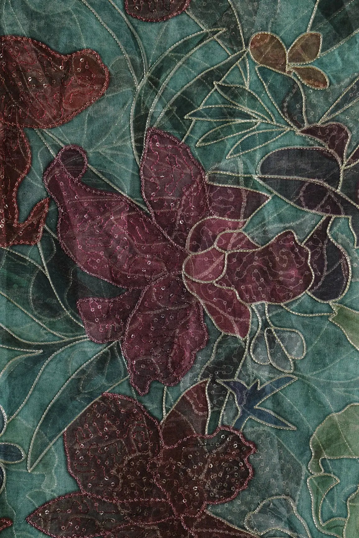 Floral Positional Print On Sequins With Zari Embroidery On Turquoise Blue Organza Fabric