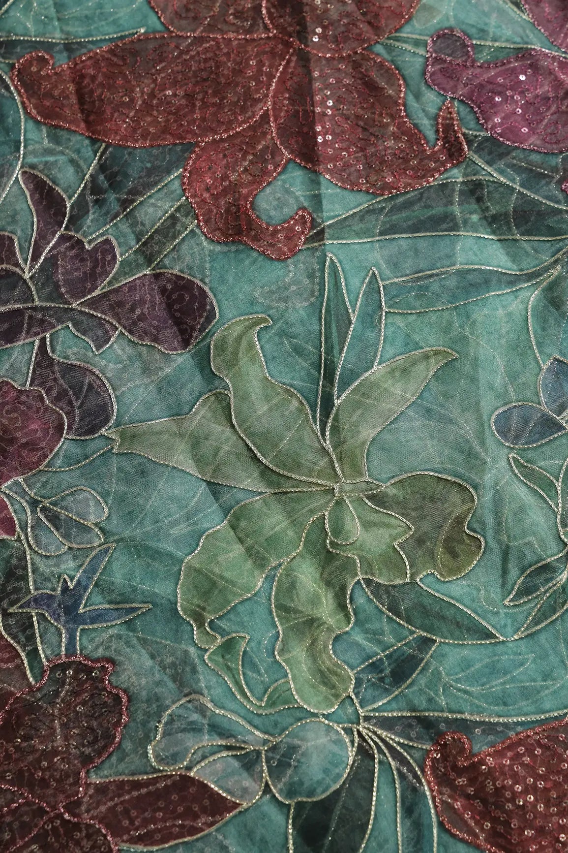 Floral Positional Print On Sequins With Zari Embroidery On Turquoise Blue Organza Fabric