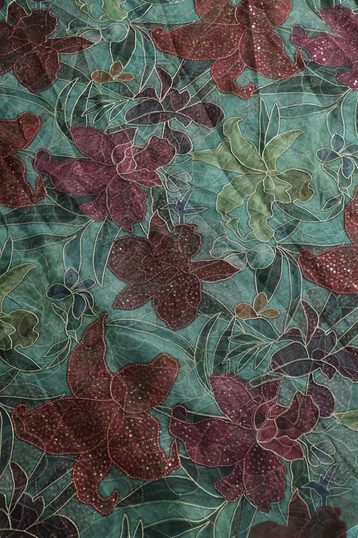 Floral Positional Print On Sequins With Zari Embroidery On Turquoise Blue Organza Fabric