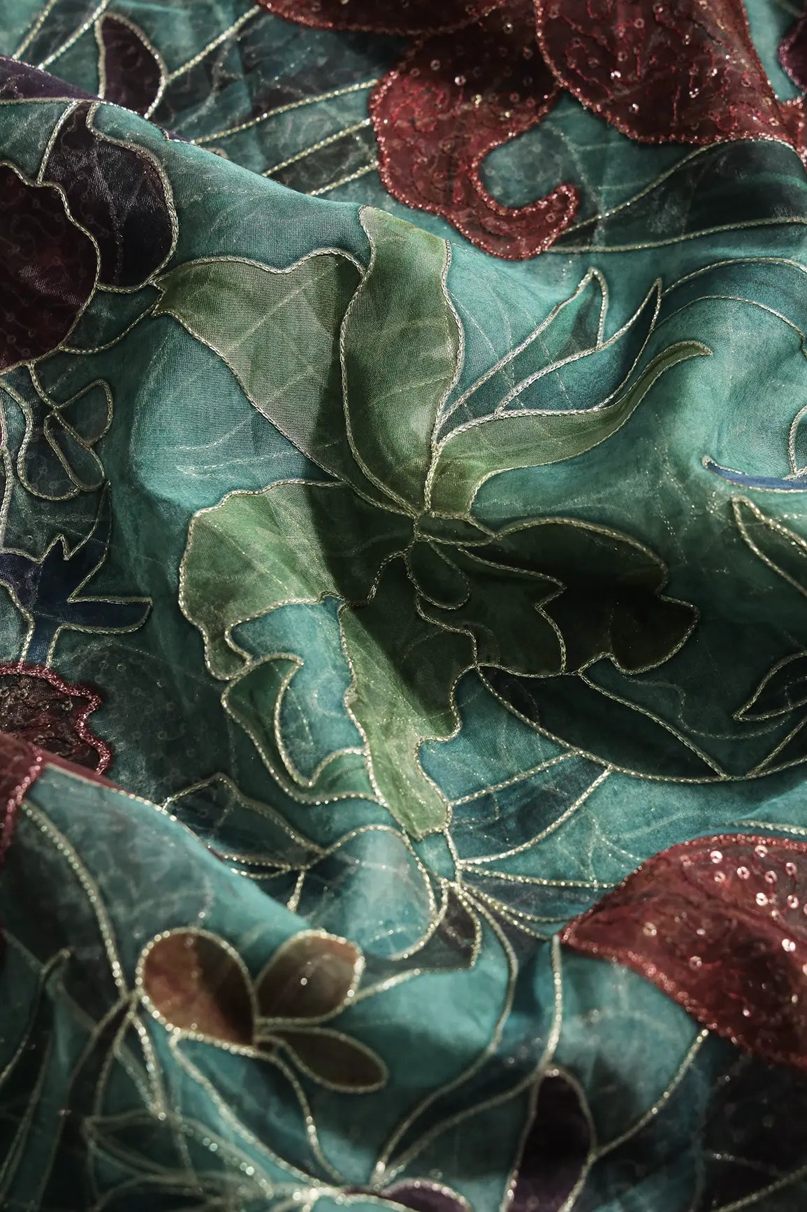 Floral Positional Print On Sequins With Zari Embroidery On Turquoise Blue Organza Fabric