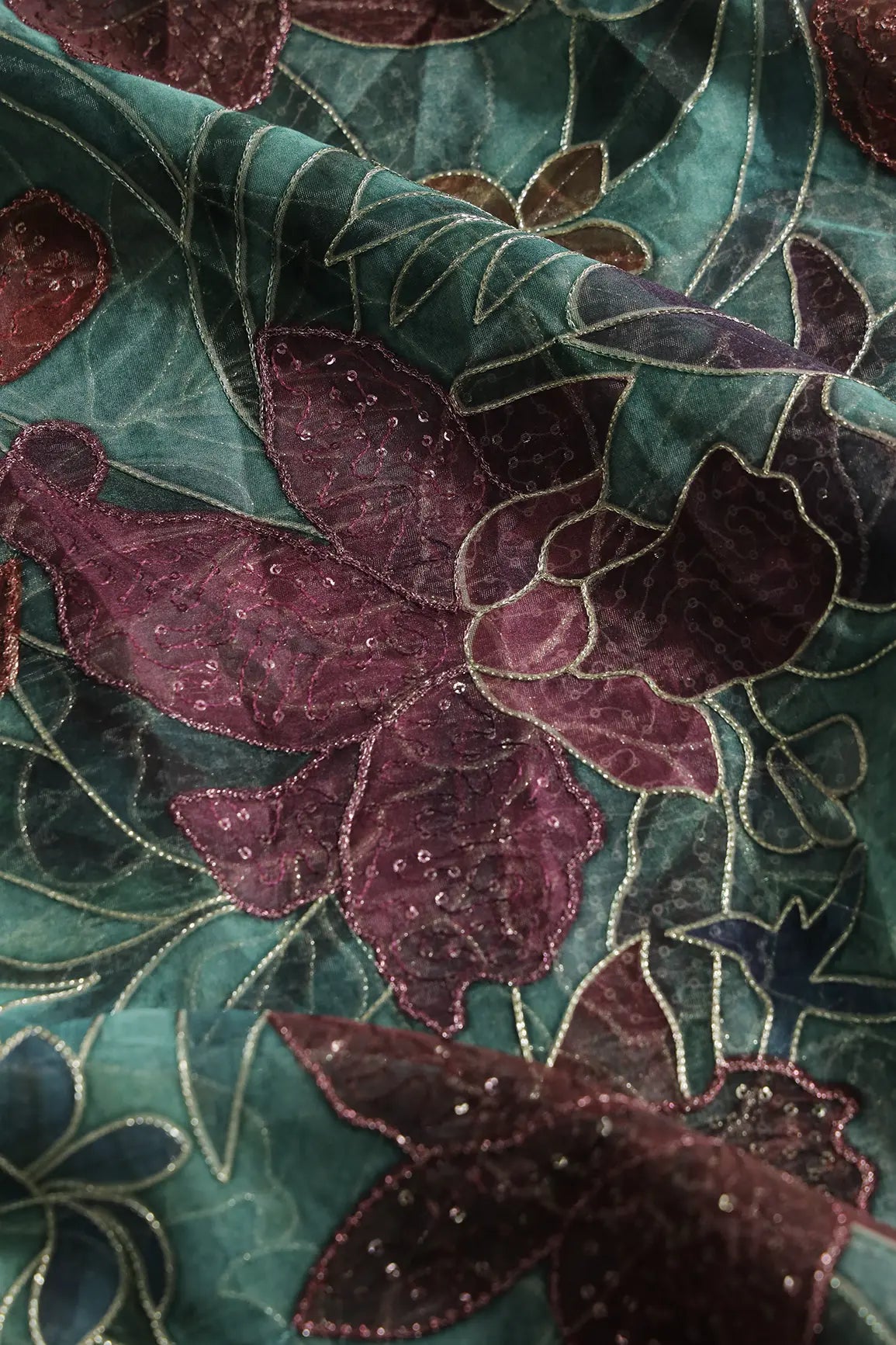 Floral Positional Print On Sequins With Zari Embroidery On Turquoise Blue Organza Fabric