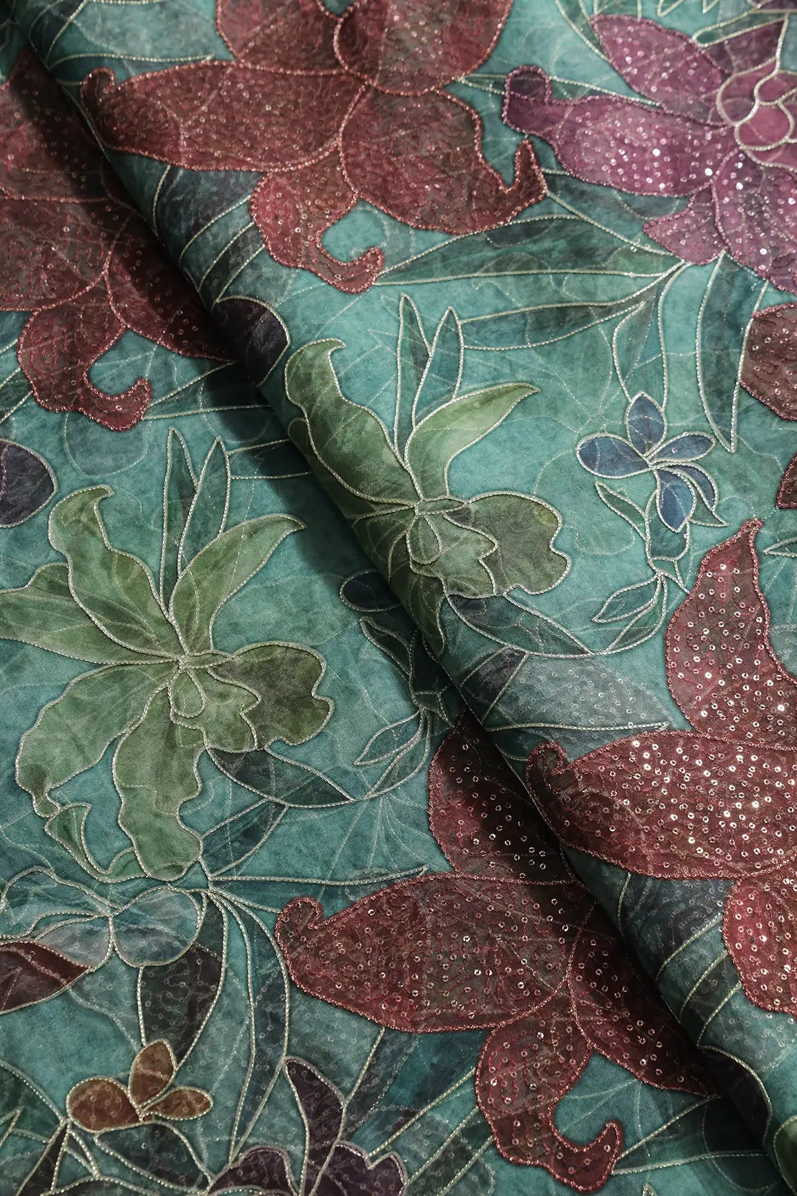 Floral Positional Print On Sequins With Zari Embroidery On Turquoise Blue Organza Fabric