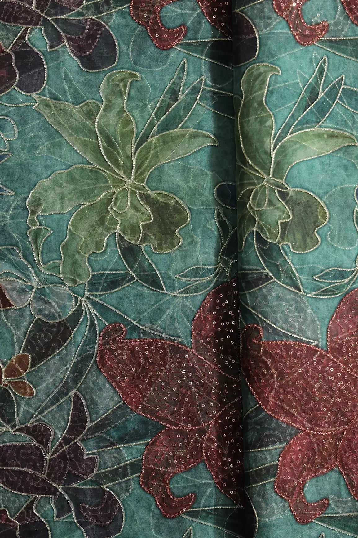 Floral Positional Print On Sequins With Zari Embroidery On Turquoise Blue Organza Fabric