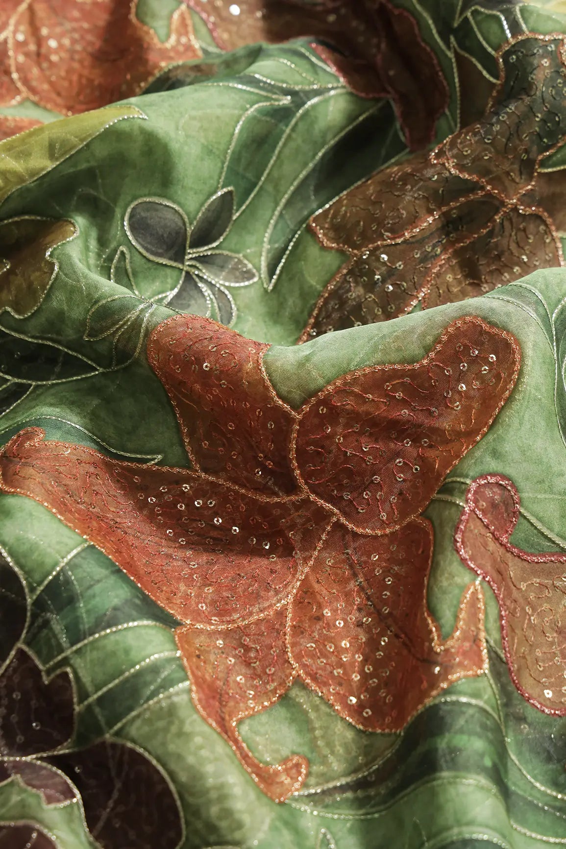 Floral Positional Print On Sequins With Zari Embroidery On Dark Olive Organza Fabric