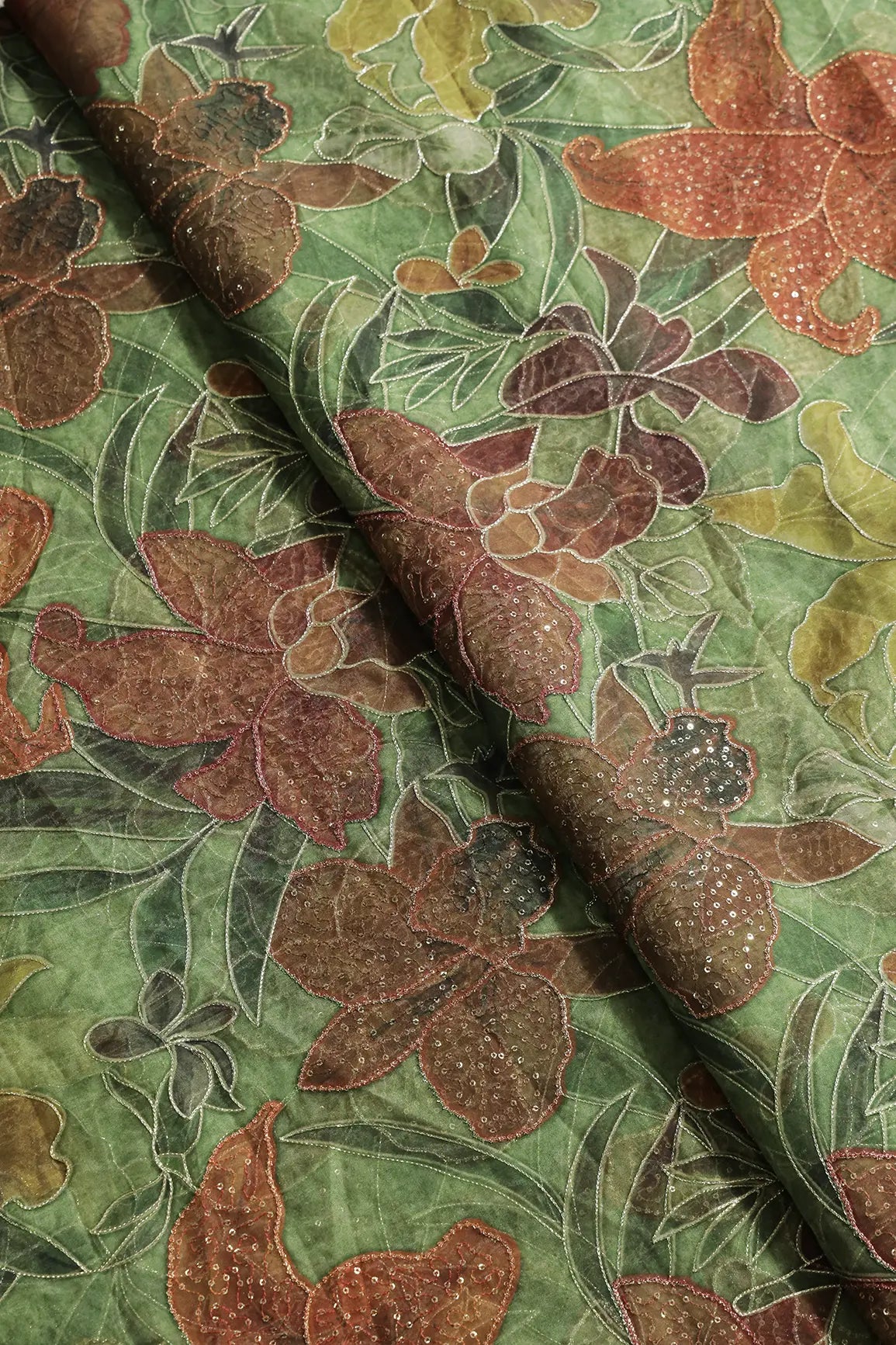 Floral Positional Print On Sequins With Zari Embroidery On Dark Olive Organza Fabric
