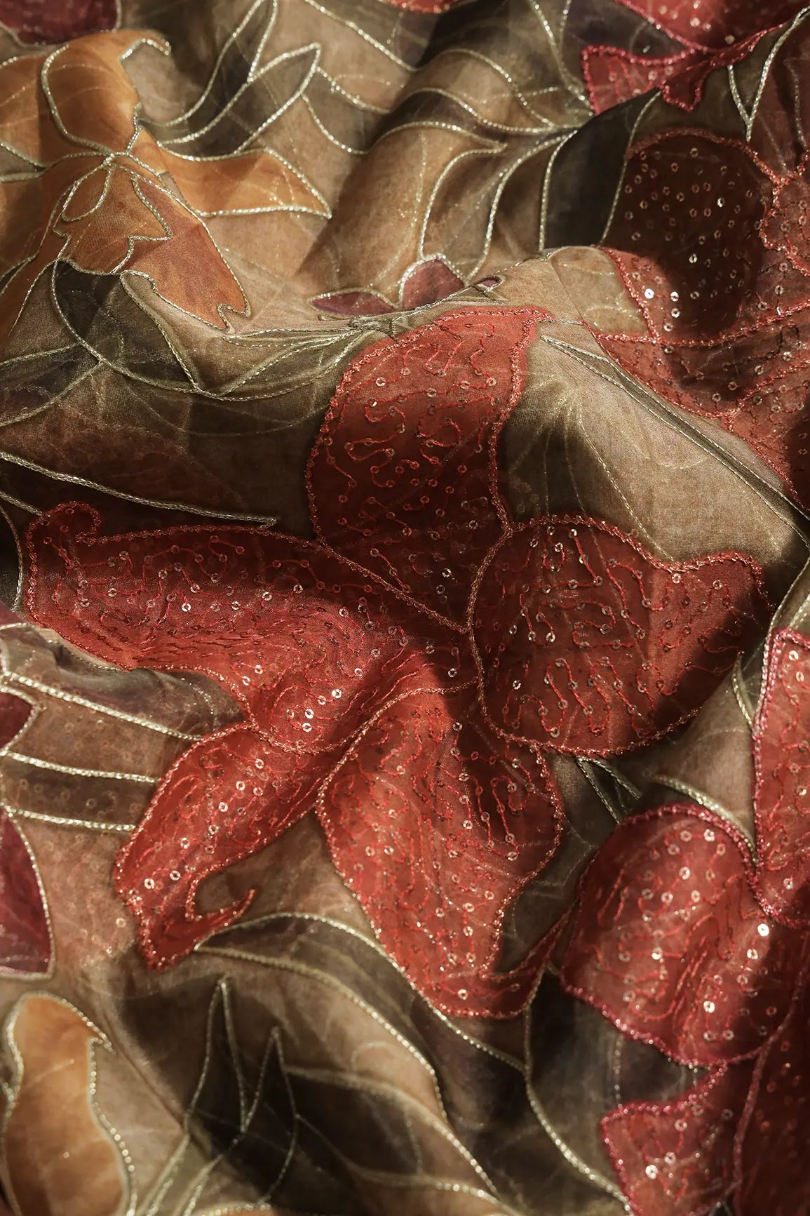 Floral Positional Print On Sequins With Zari Embroidery On Brown Organza Fabric