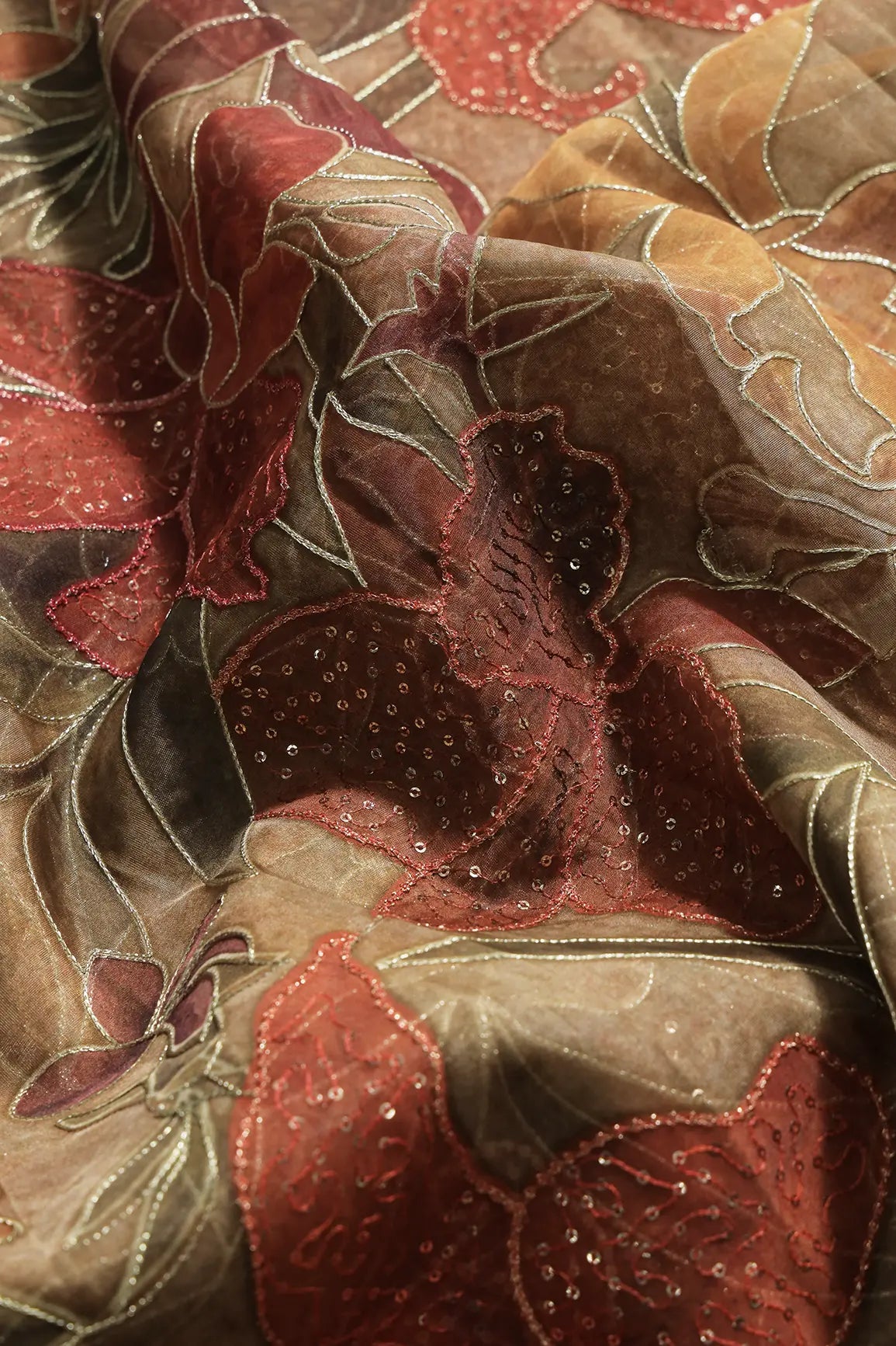 Floral Positional Print On Sequins With Zari Embroidery On Brown Organza Fabric