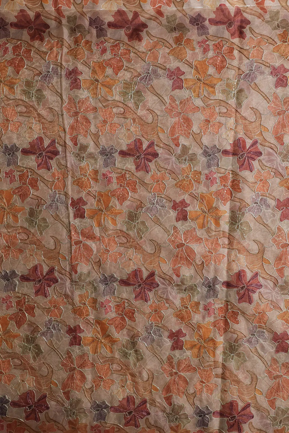 Floral Positional Print On Sequins With Zari Embroidery On Tan Beige Organza Fabric