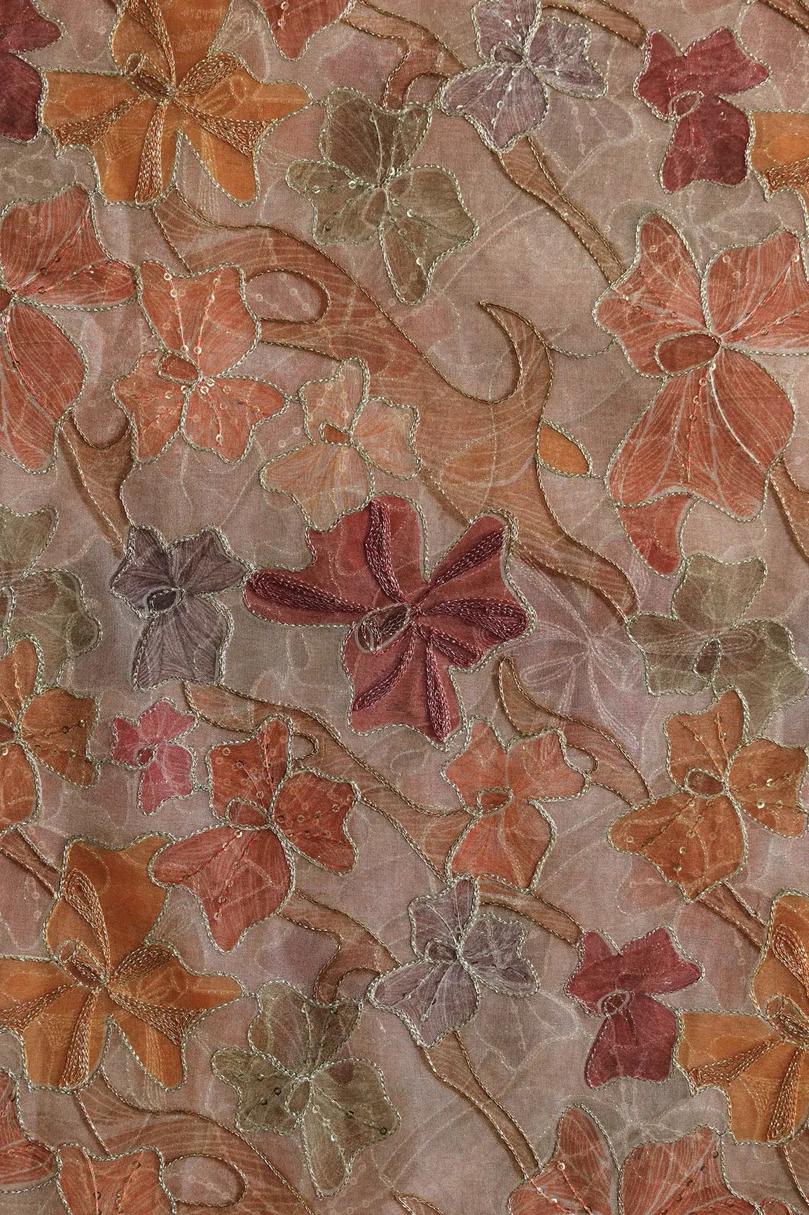 Floral Positional Print On Sequins With Zari Embroidery On Tan Beige Organza Fabric