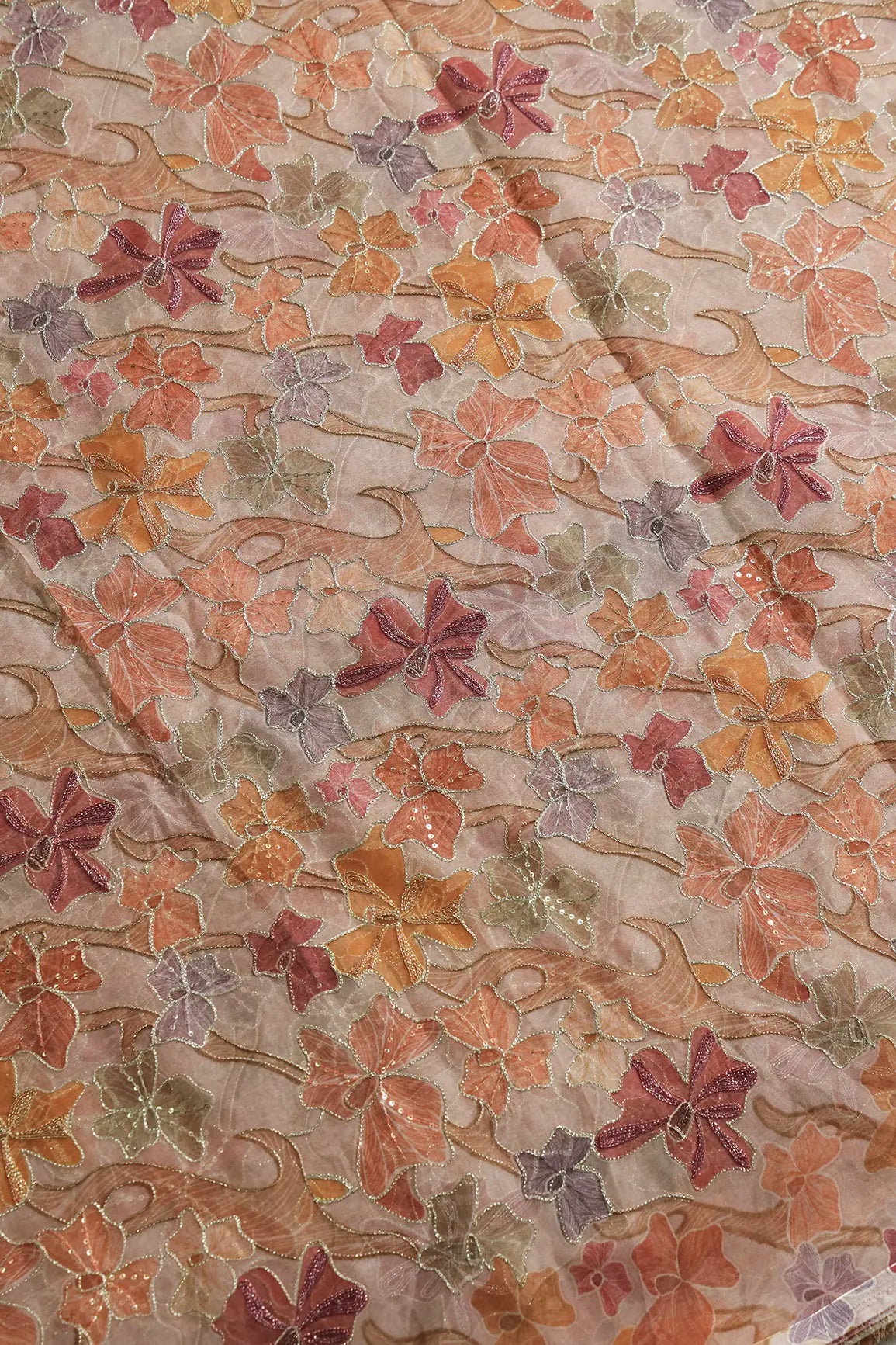 Floral Positional Print On Sequins With Zari Embroidery On Tan Beige Organza Fabric