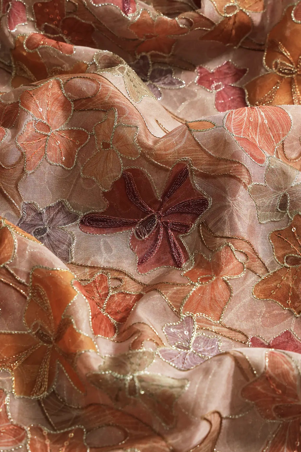 Floral Positional Print On Sequins With Zari Embroidery On Tan Beige Organza Fabric