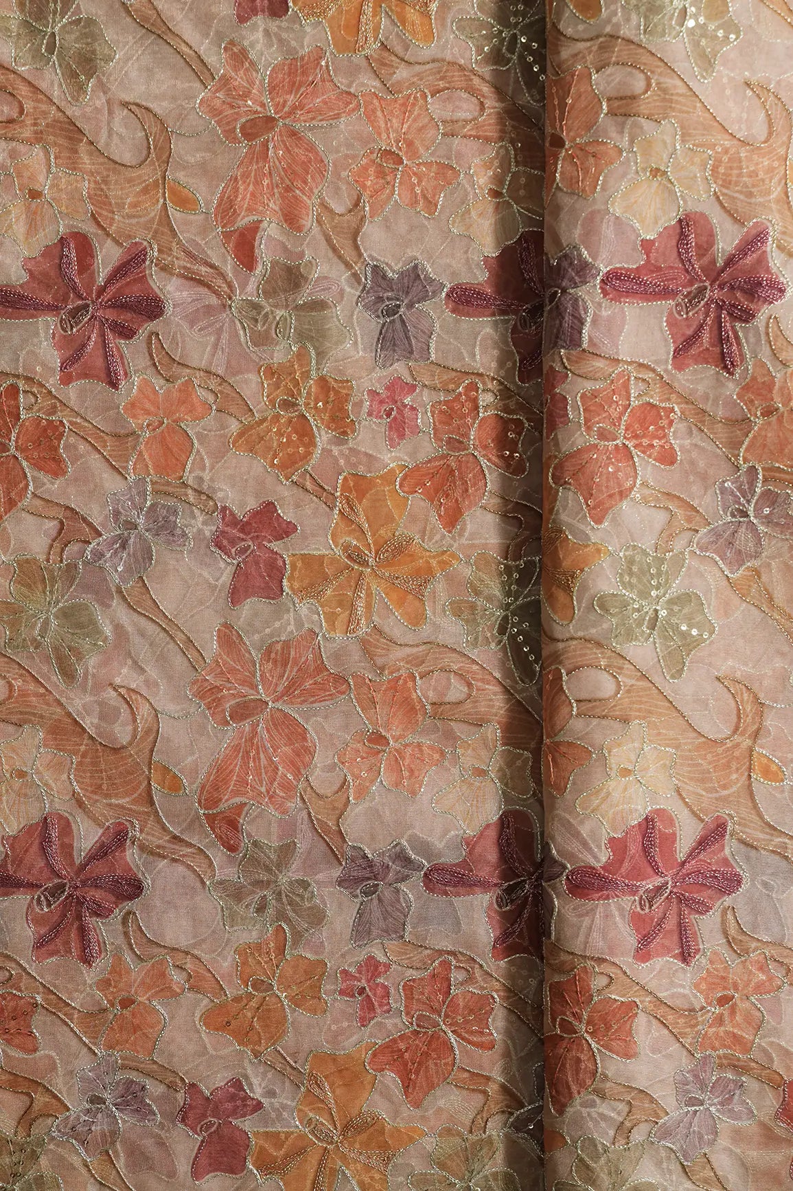 Floral Positional Print On Sequins With Zari Embroidery On Tan Beige Organza Fabric